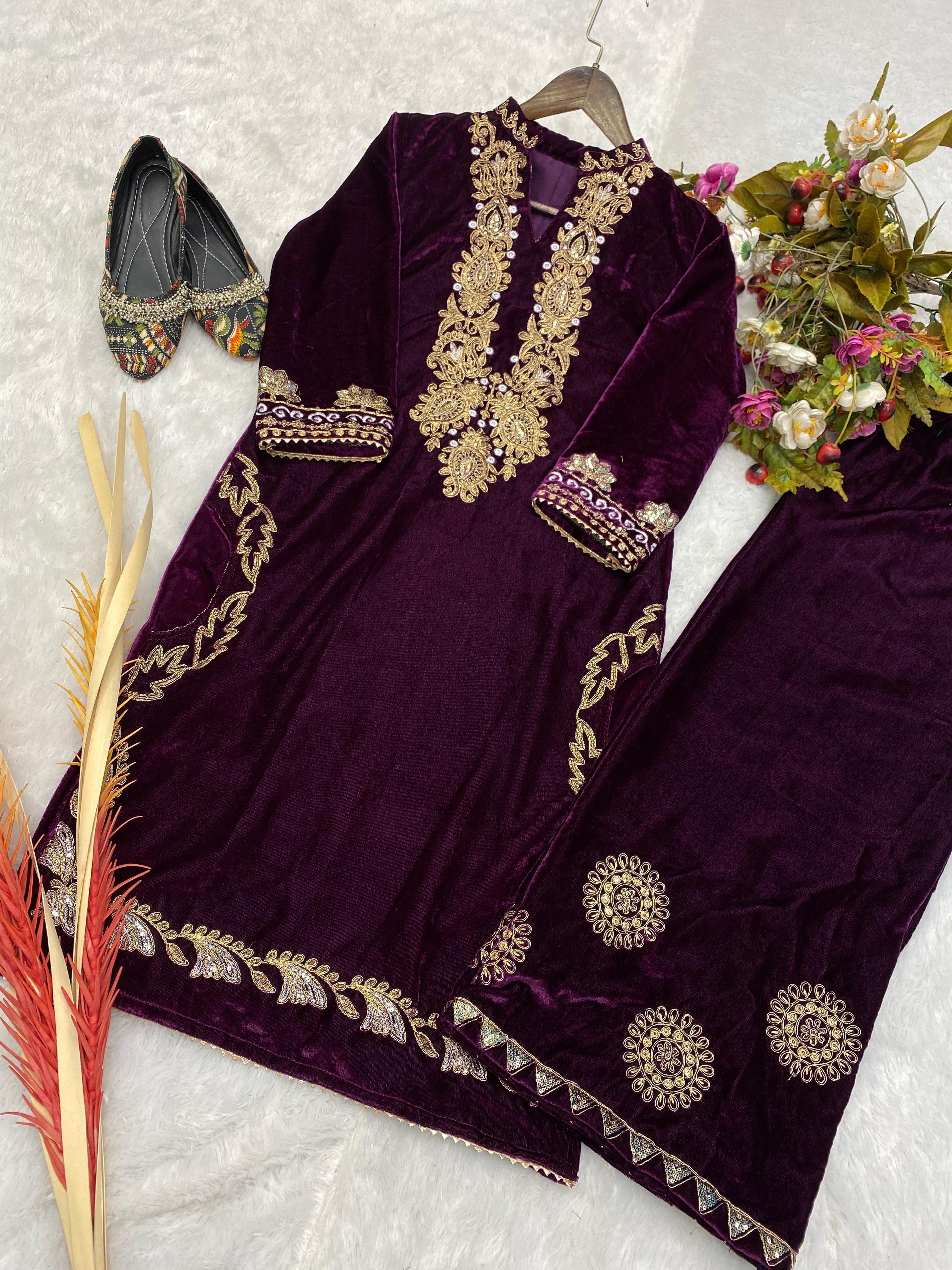 Outstanding Velvet Wine Color Palazzo Suit