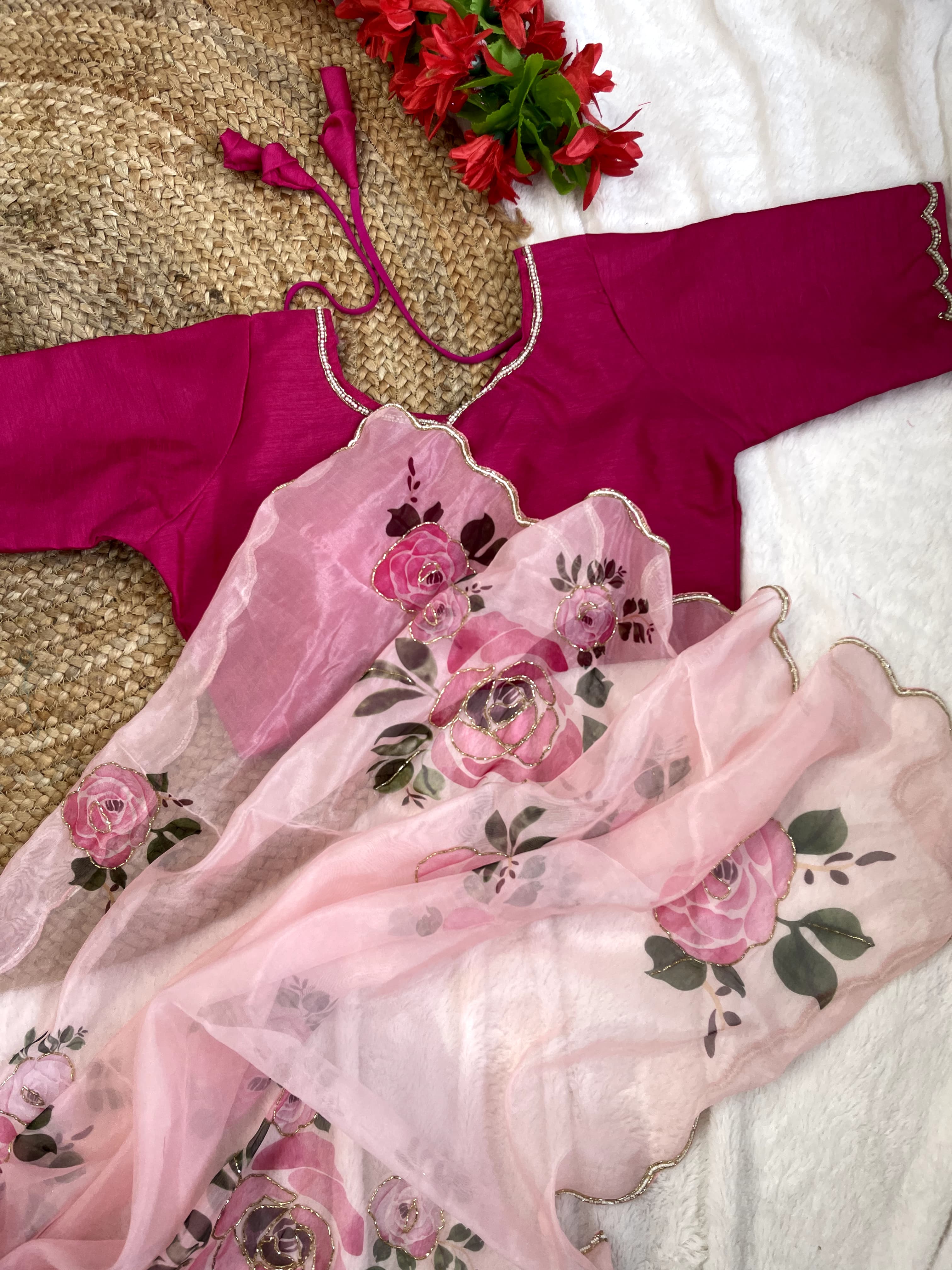 Luxury Light Pink Hand Khatli Work Saree With Blouse