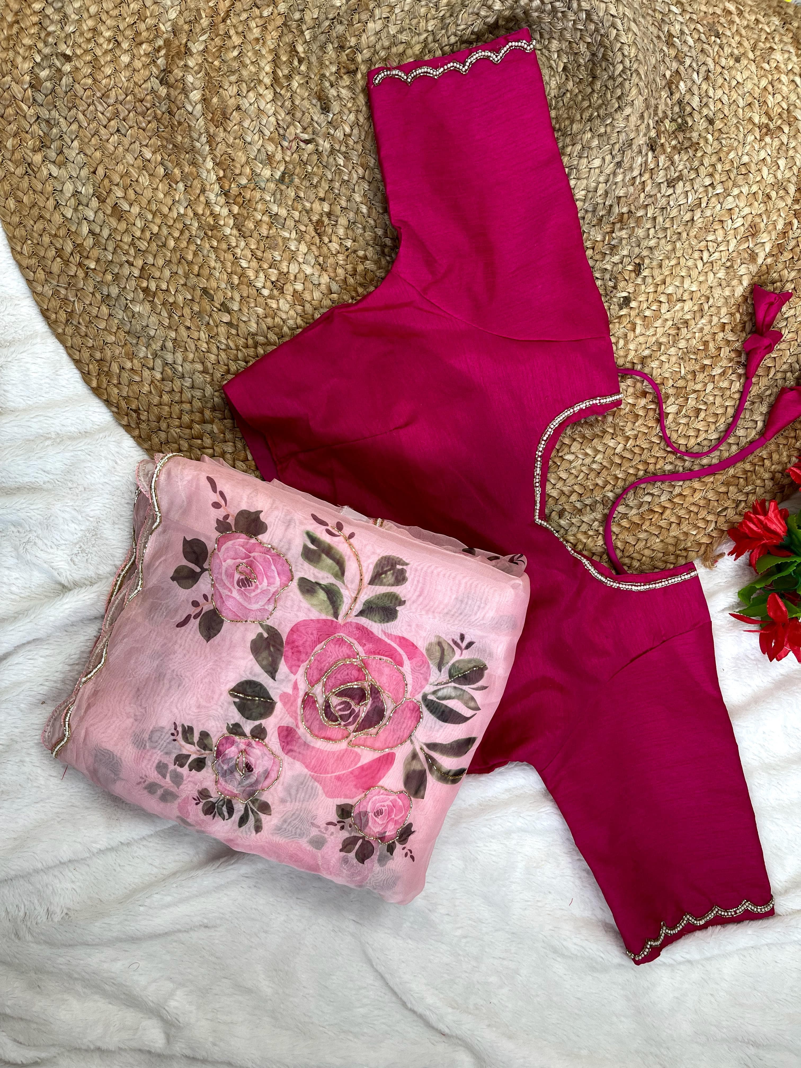 Luxury Light Pink Hand Khatli Work Saree With Blouse