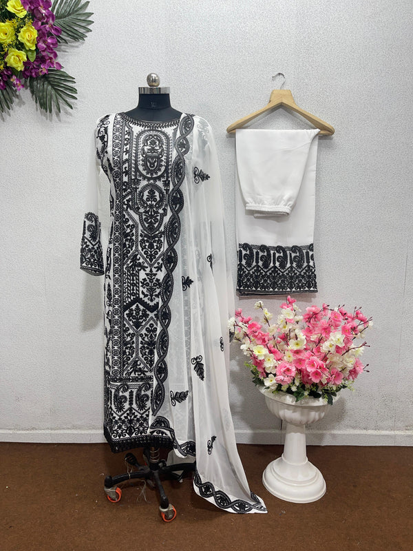 Opulent White And Black Chine Stitch Work Palazzo Suit