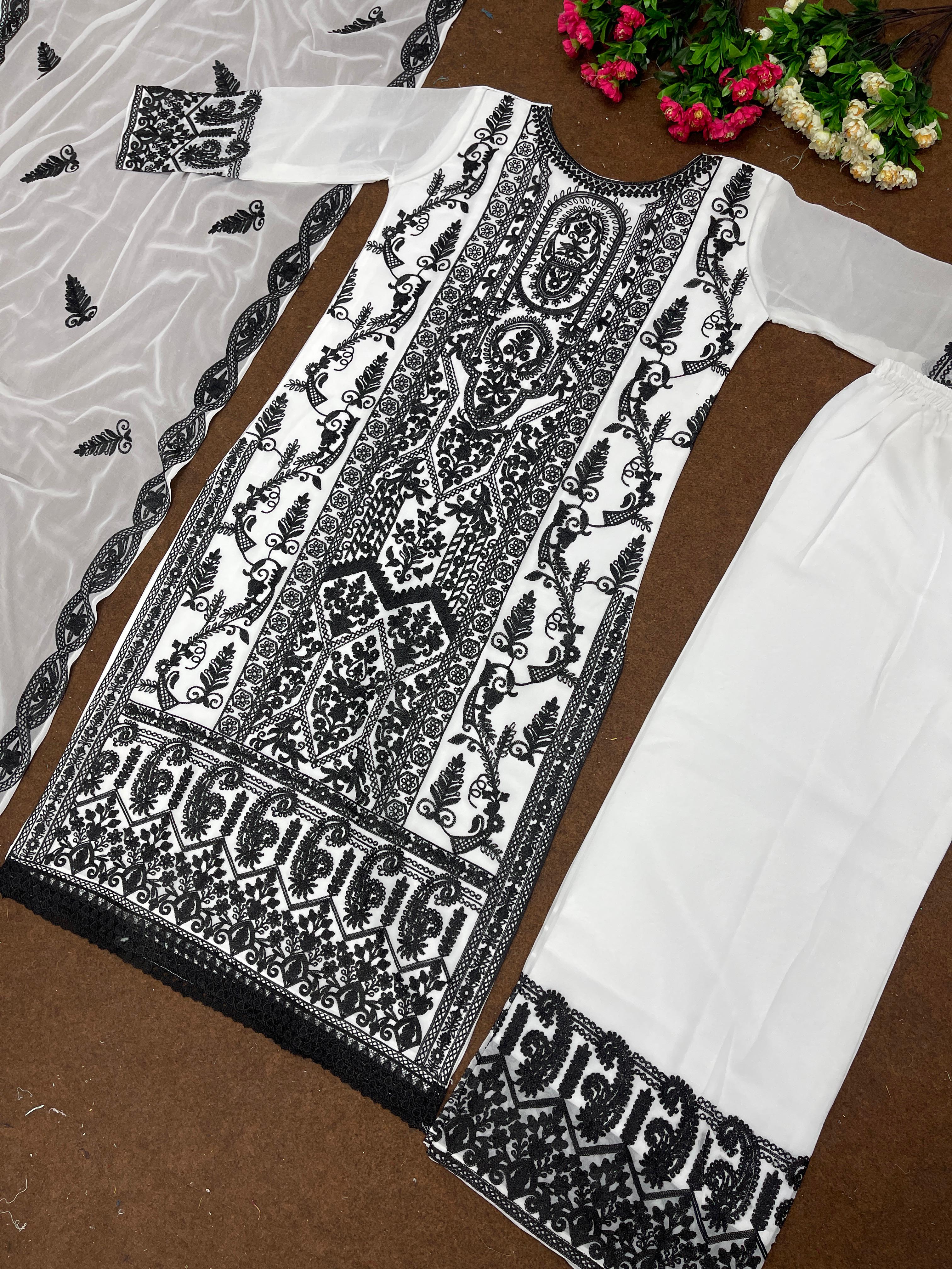 Opulent White And Black Chine Stitch Work Palazzo Suit