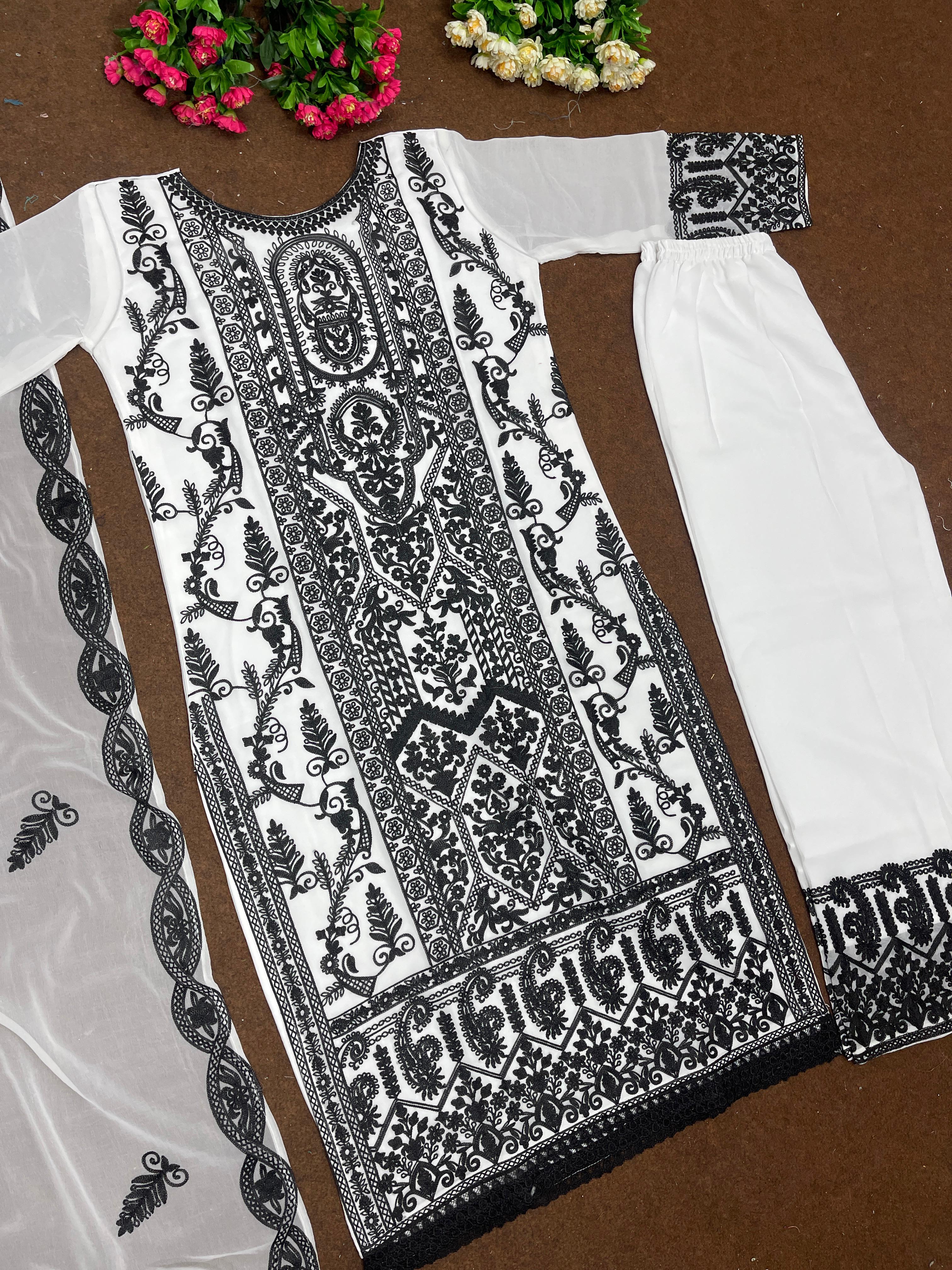 Opulent White And Black Chine Stitch Work Palazzo Suit