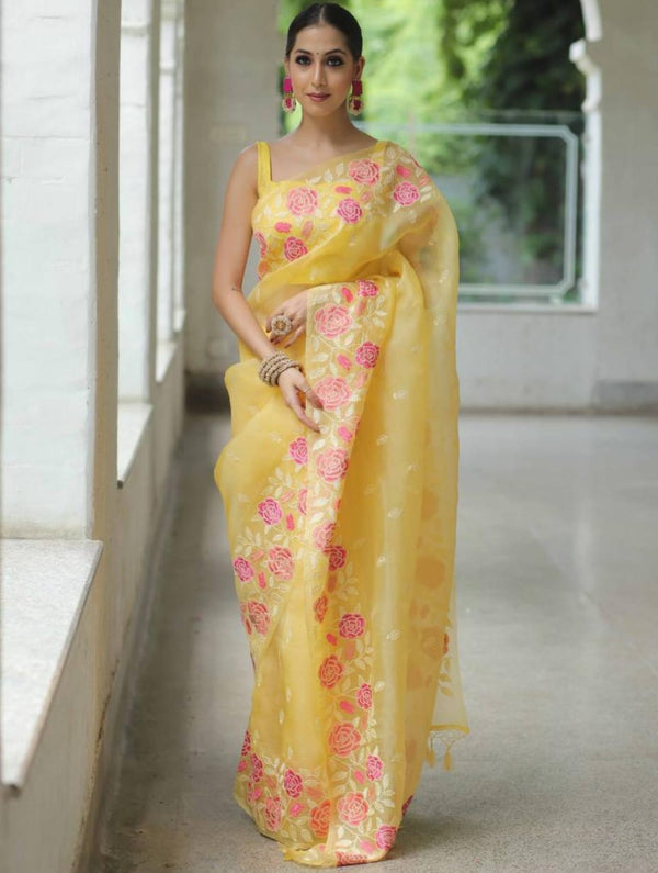 Fantastic Yellow Color Thread Work Organza Saree
