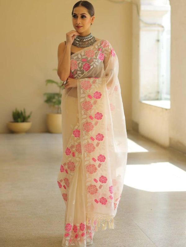 Fantastic Beige Color Thread Work Organza Saree