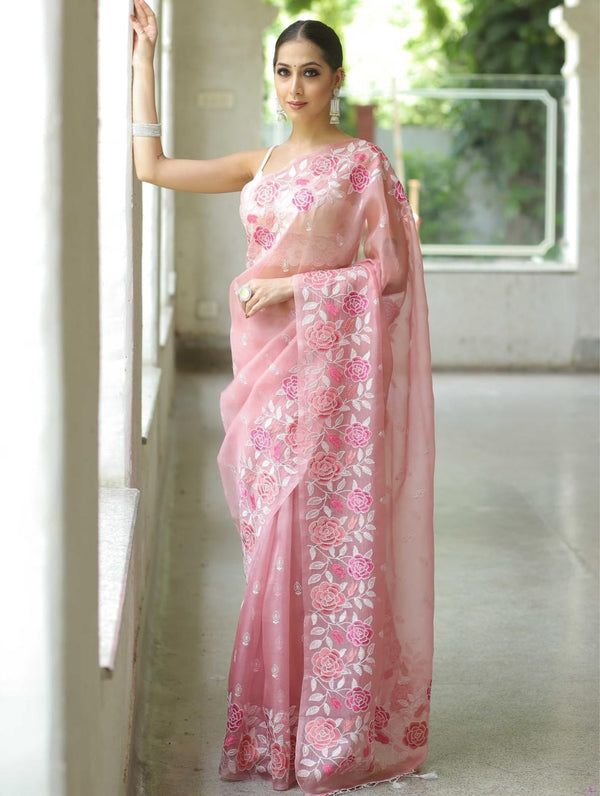 Fantastic Light Pink Color Thread Work Organza Saree