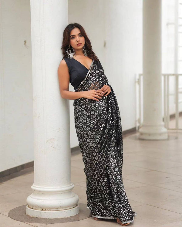 Ravishing Sequence Work Black Color Saree