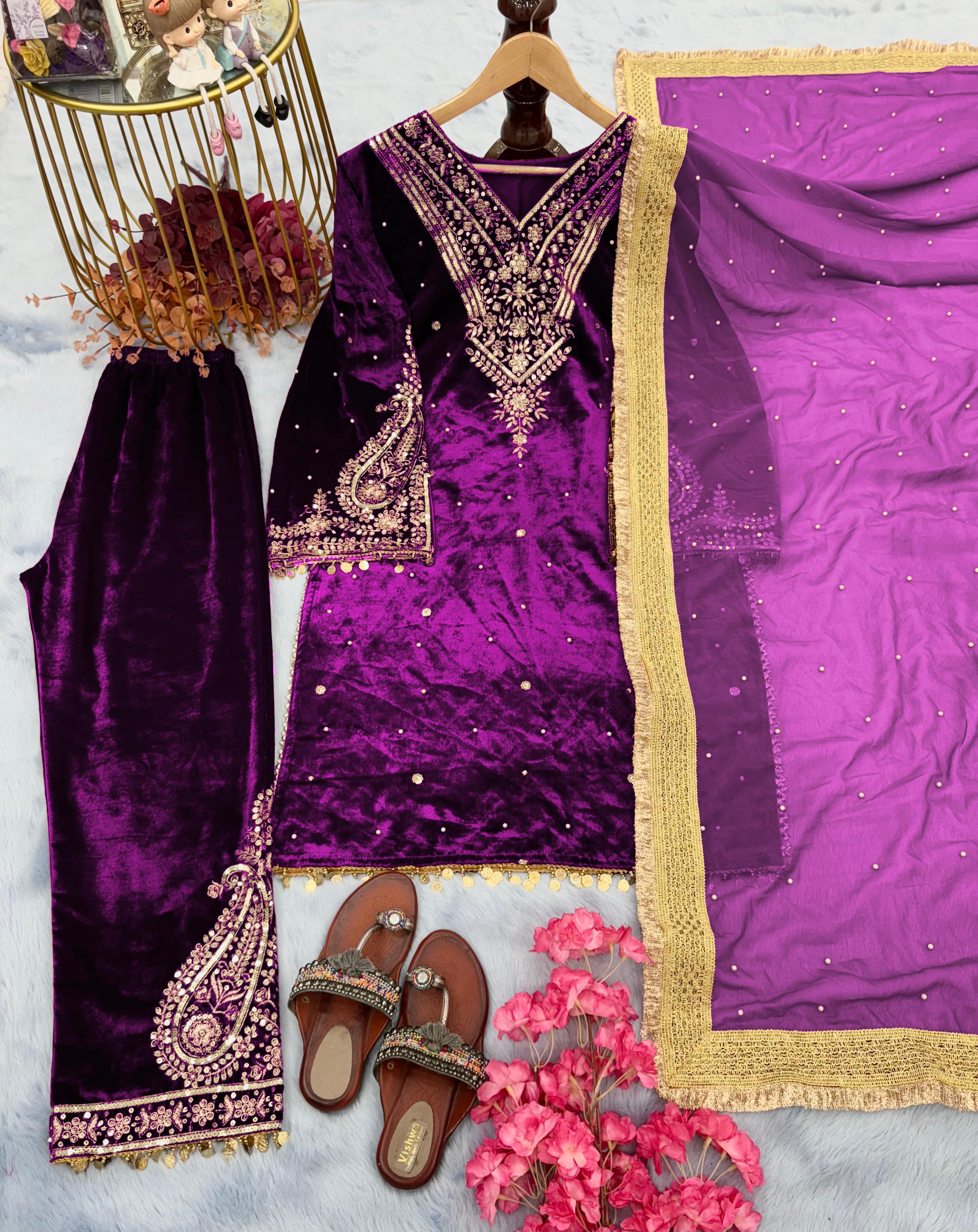 Wedding Wear Embroidery Work Purple Color Velvet Suit