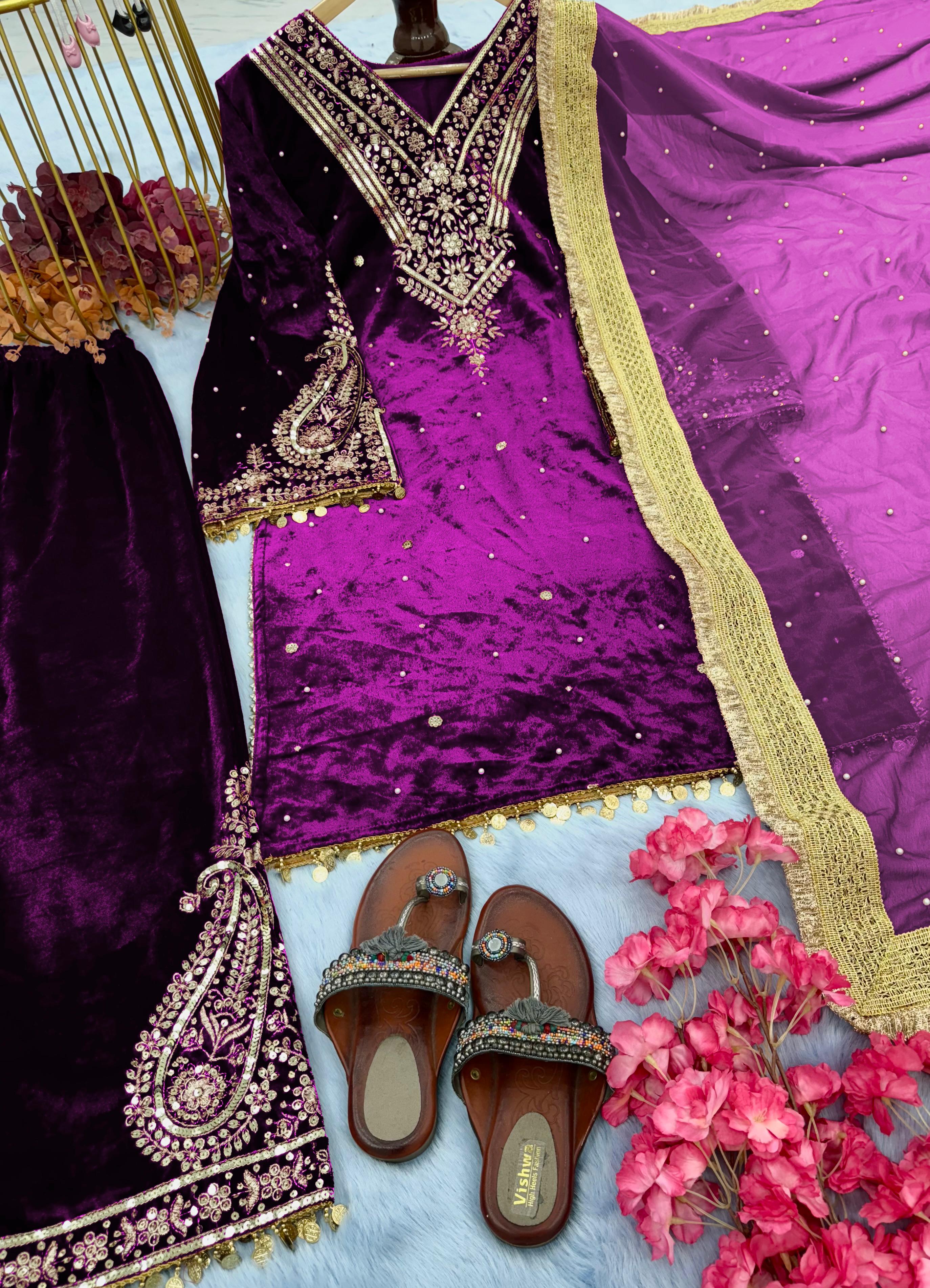 Wedding Wear Embroidery Work Purple Color Velvet Suit