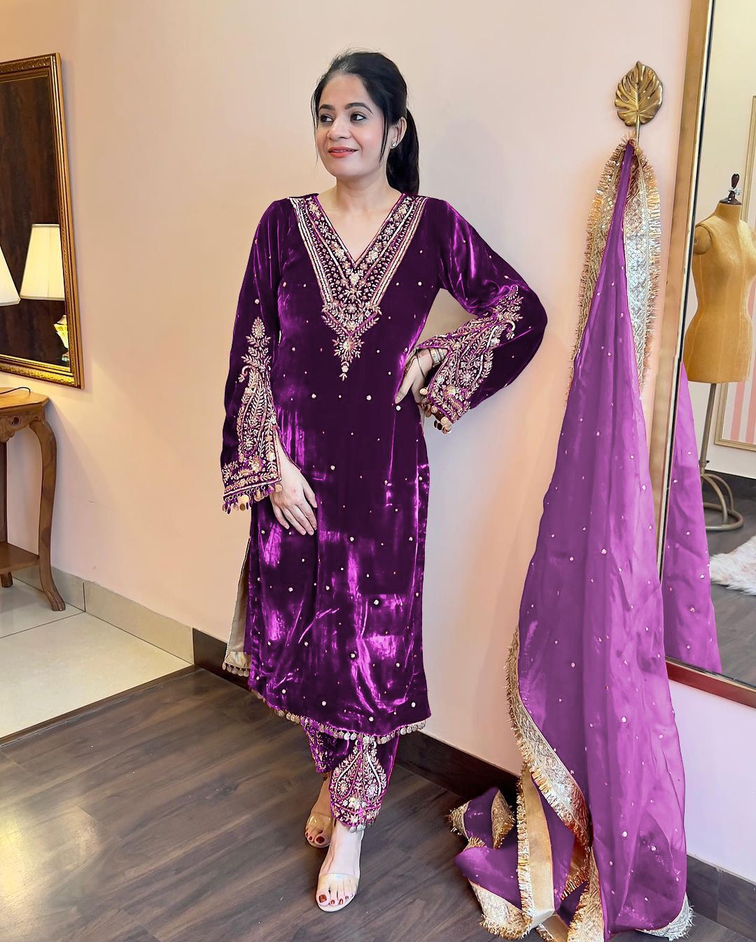 Wedding Wear Embroidery Work Purple Color Velvet Suit