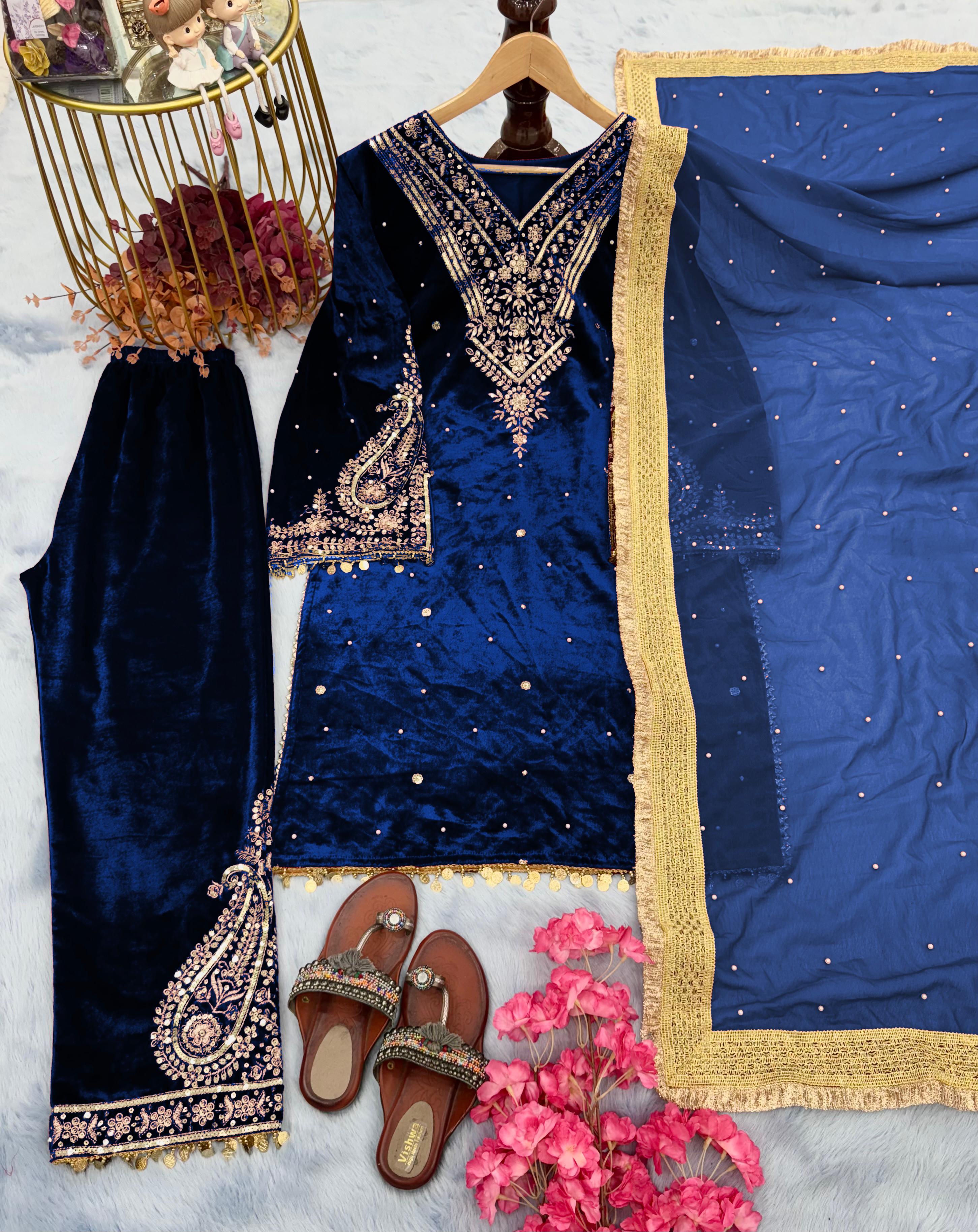 Wedding Wear Embroidery Work Blue Color Velvet Suit