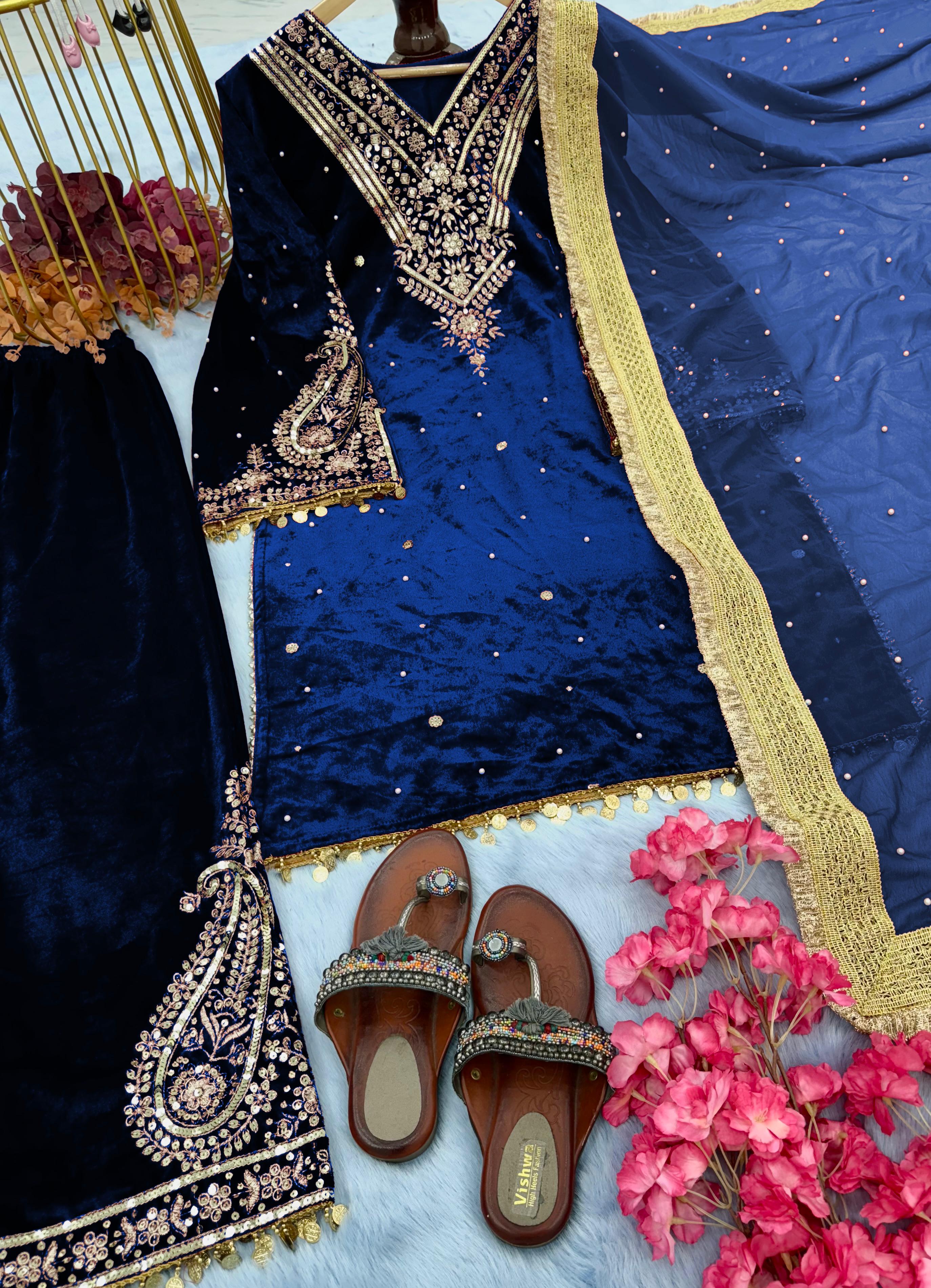 Wedding Wear Embroidery Work Blue Color Velvet Suit