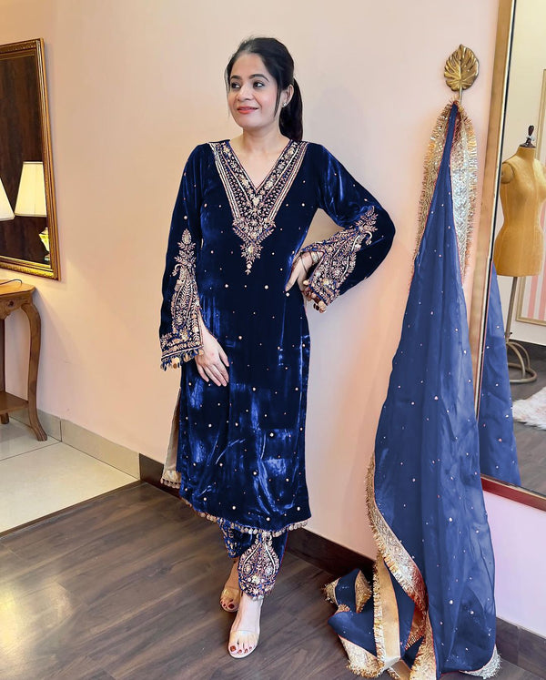 Wedding Wear Embroidery Work Blue Color Velvet Suit