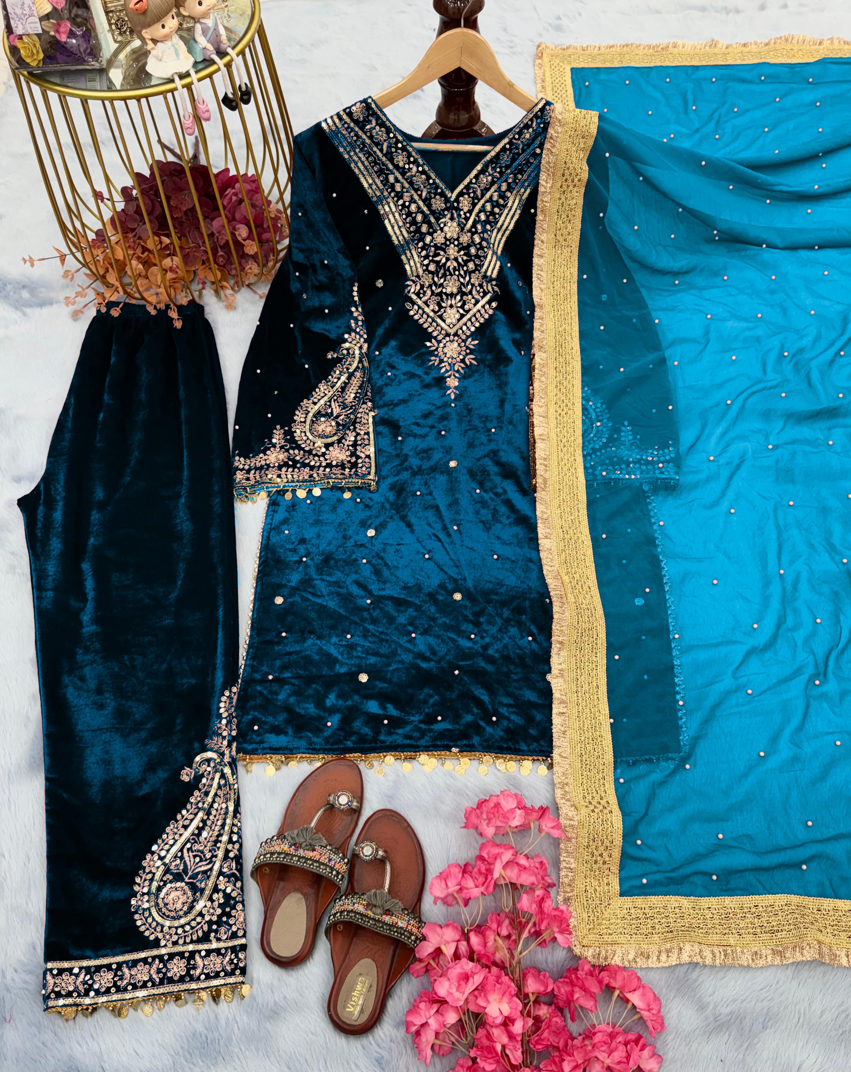 Wedding Wear Embroidery Work Teal Blue Velvet Suit