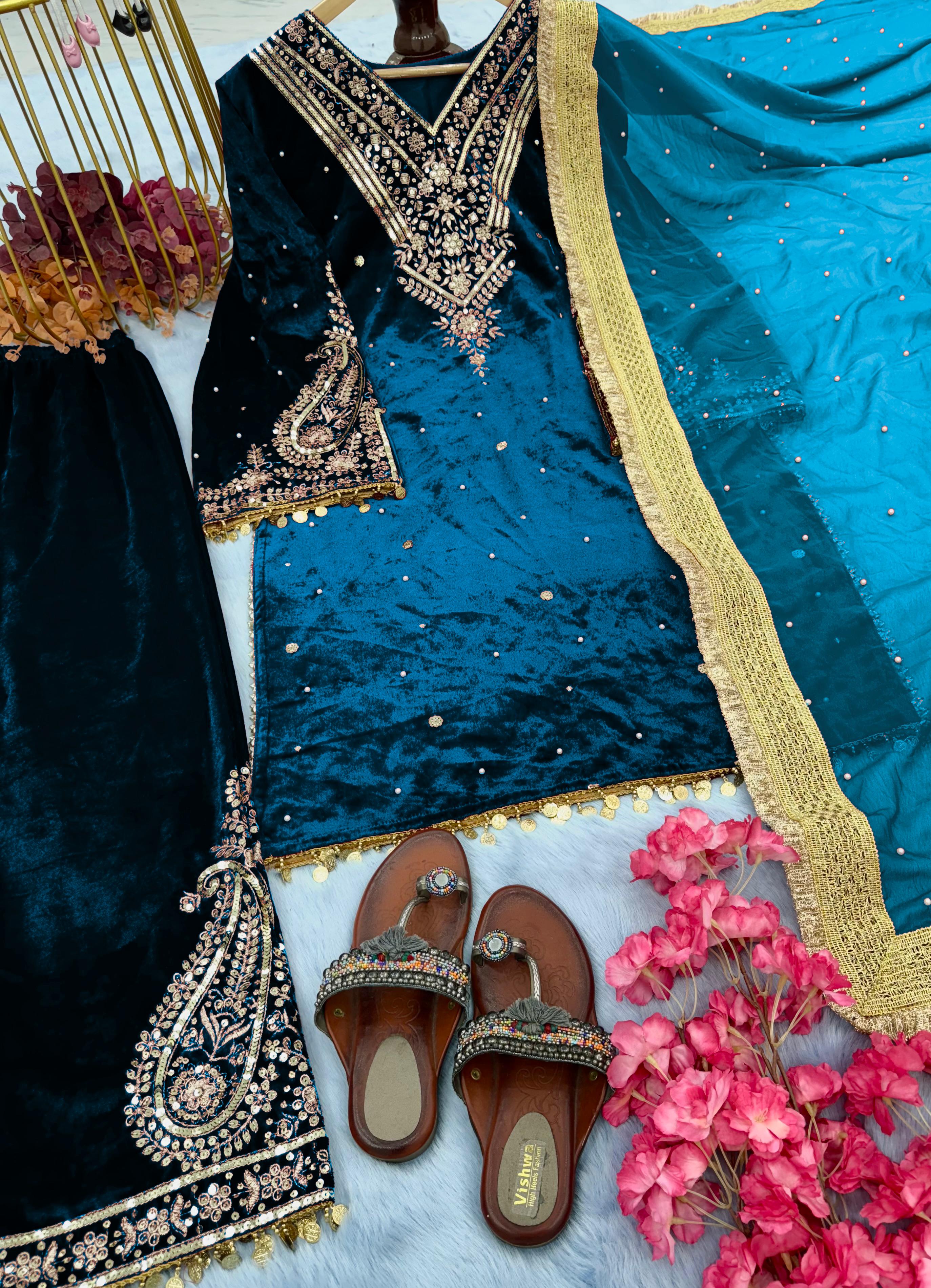 Wedding Wear Embroidery Work Teal Blue Velvet Suit