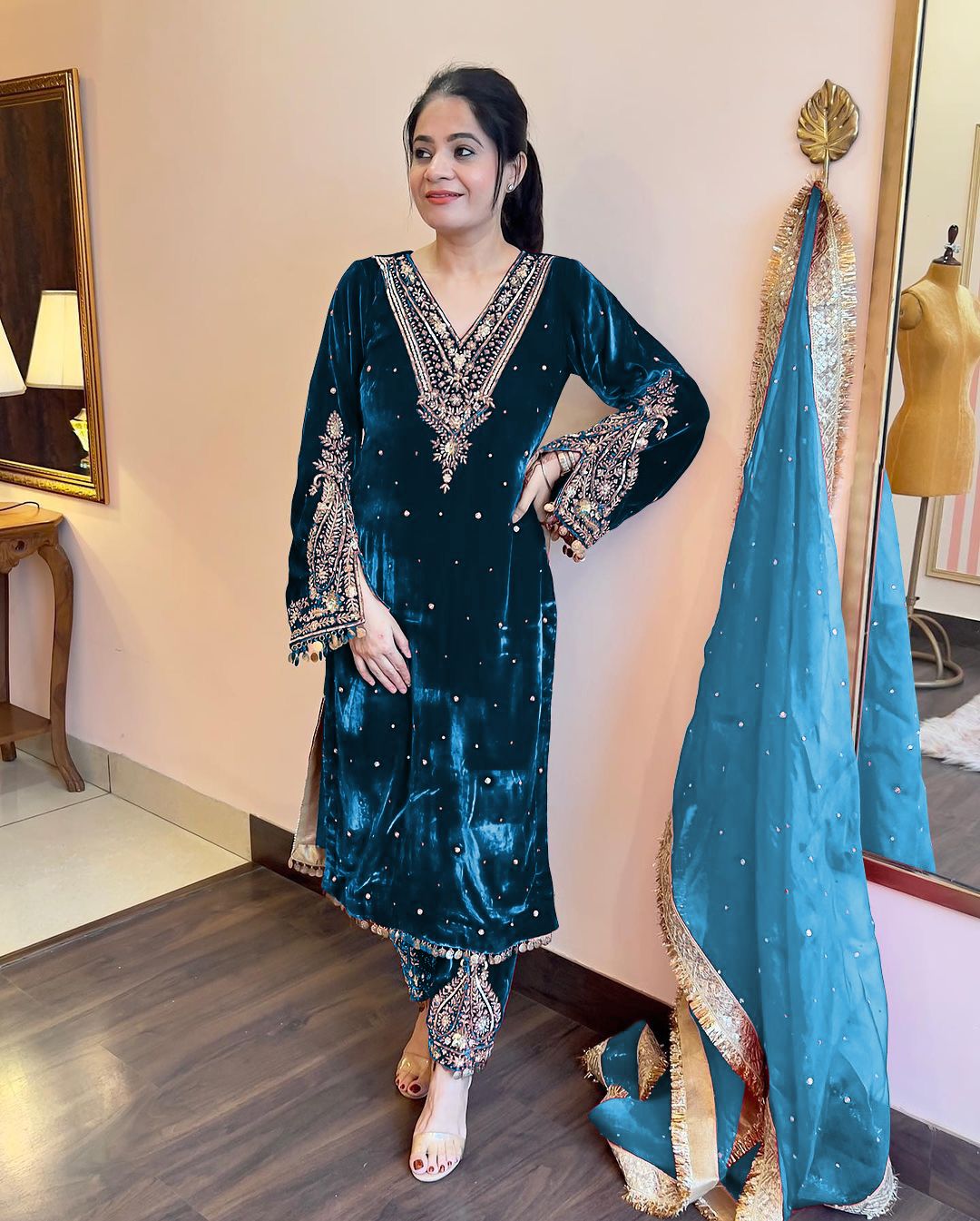 Wedding Wear Embroidery Work Teal Blue Velvet Suit