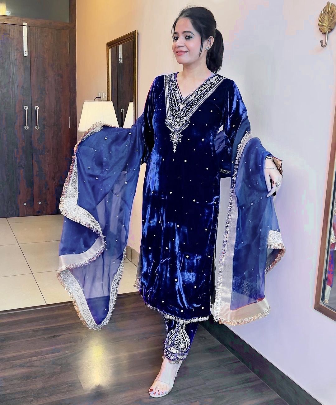 Wedding Wear Embroidery Work Blue Color Velvet Suit