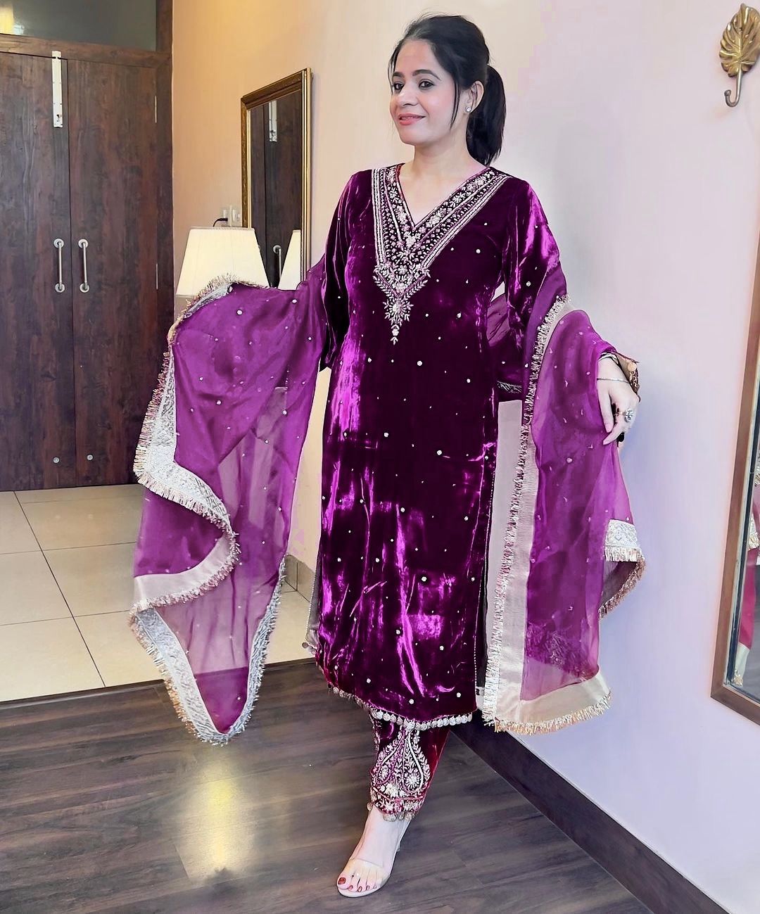 Wedding Wear Embroidery Work Purple Color Velvet Suit