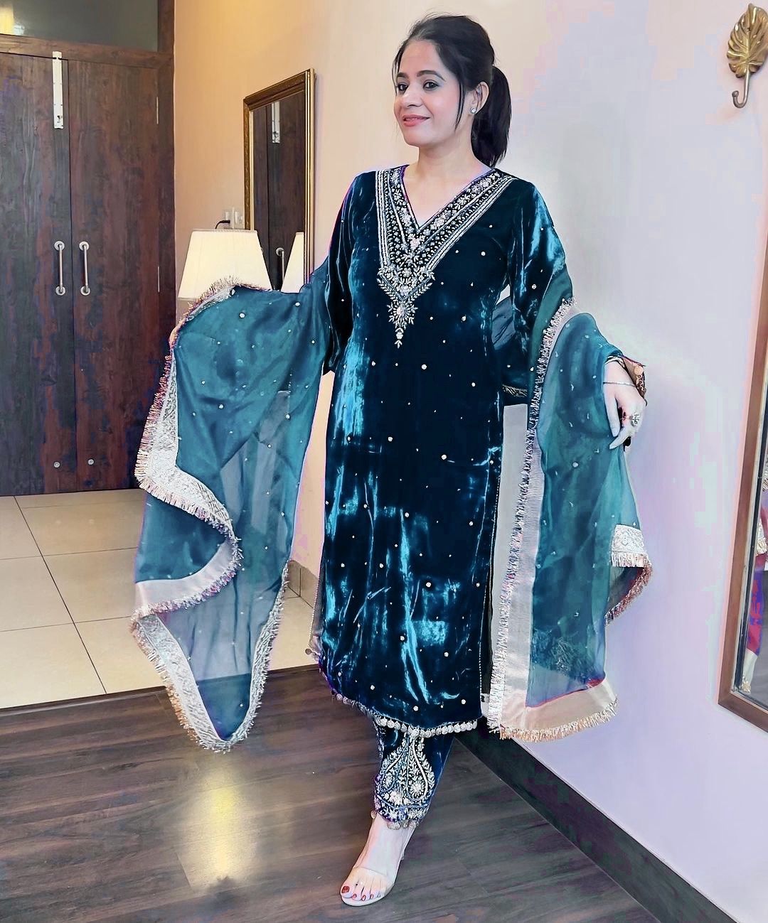 Wedding Wear Embroidery Work Teal Blue Velvet Suit