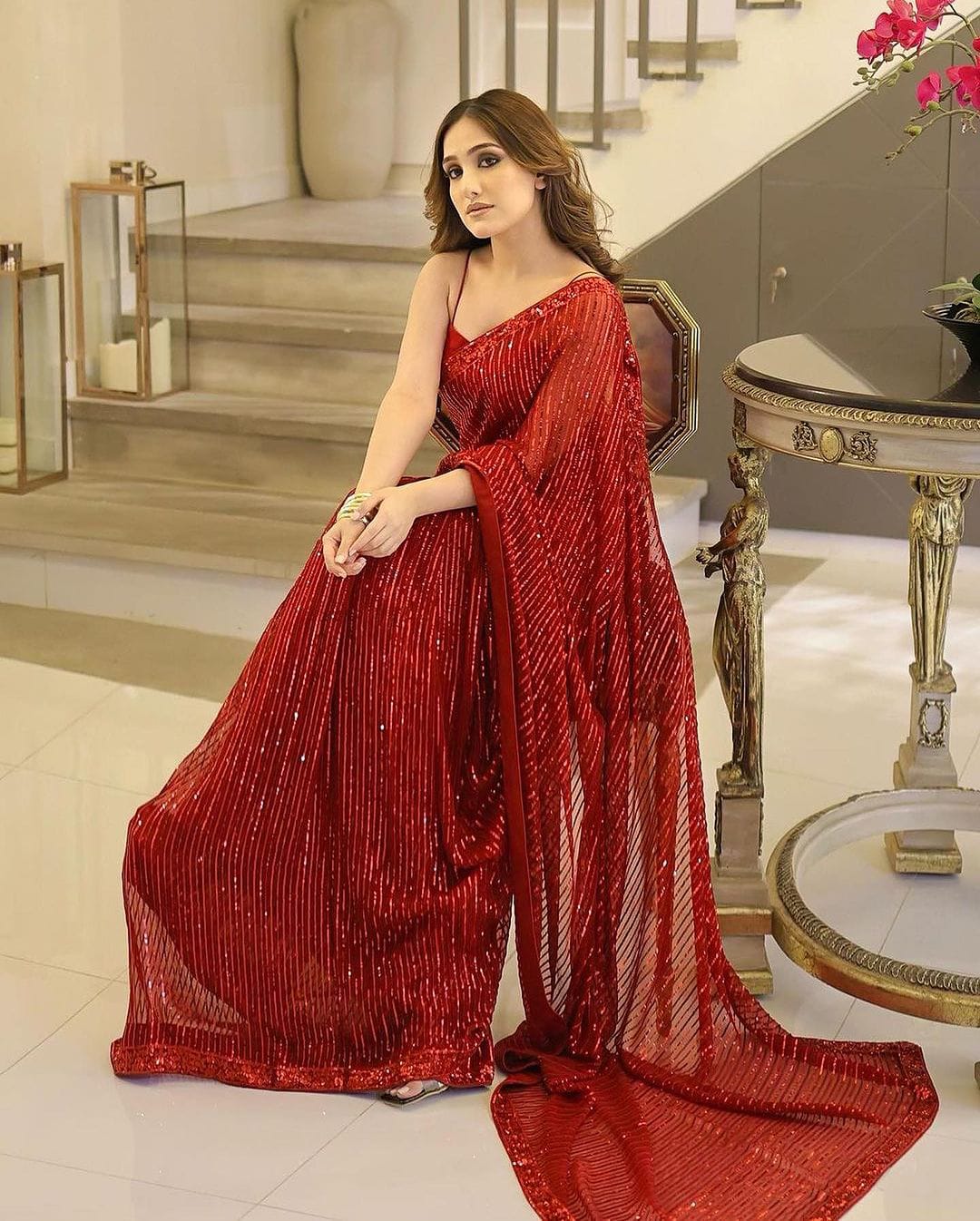 Party Wear Sequence Work Red Color Saree