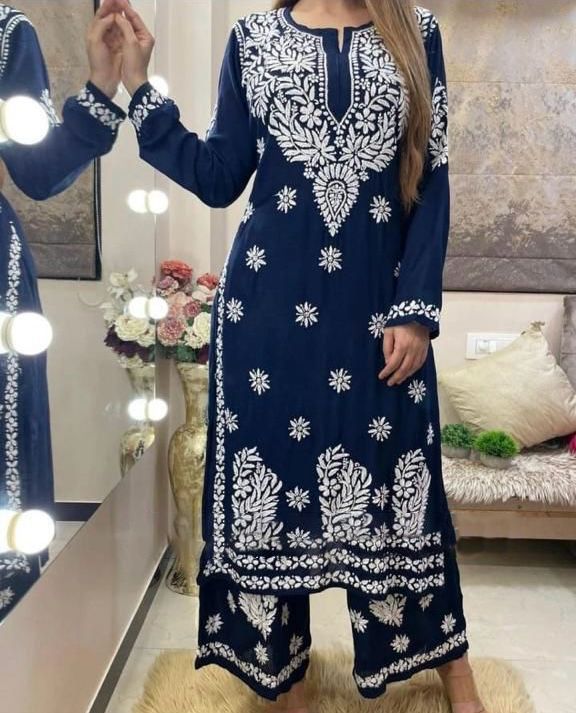 Women's Thread Work Navy Blue Color Palazzo Suit