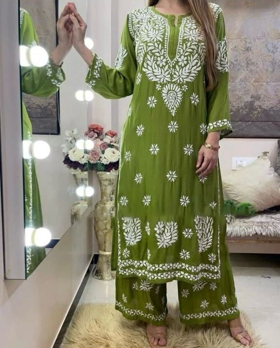 Women's Thread Work Mehndi Color Palazzo Suit