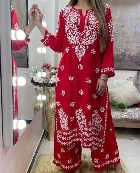 Women's Thread Work Red Color Palazzo Suit