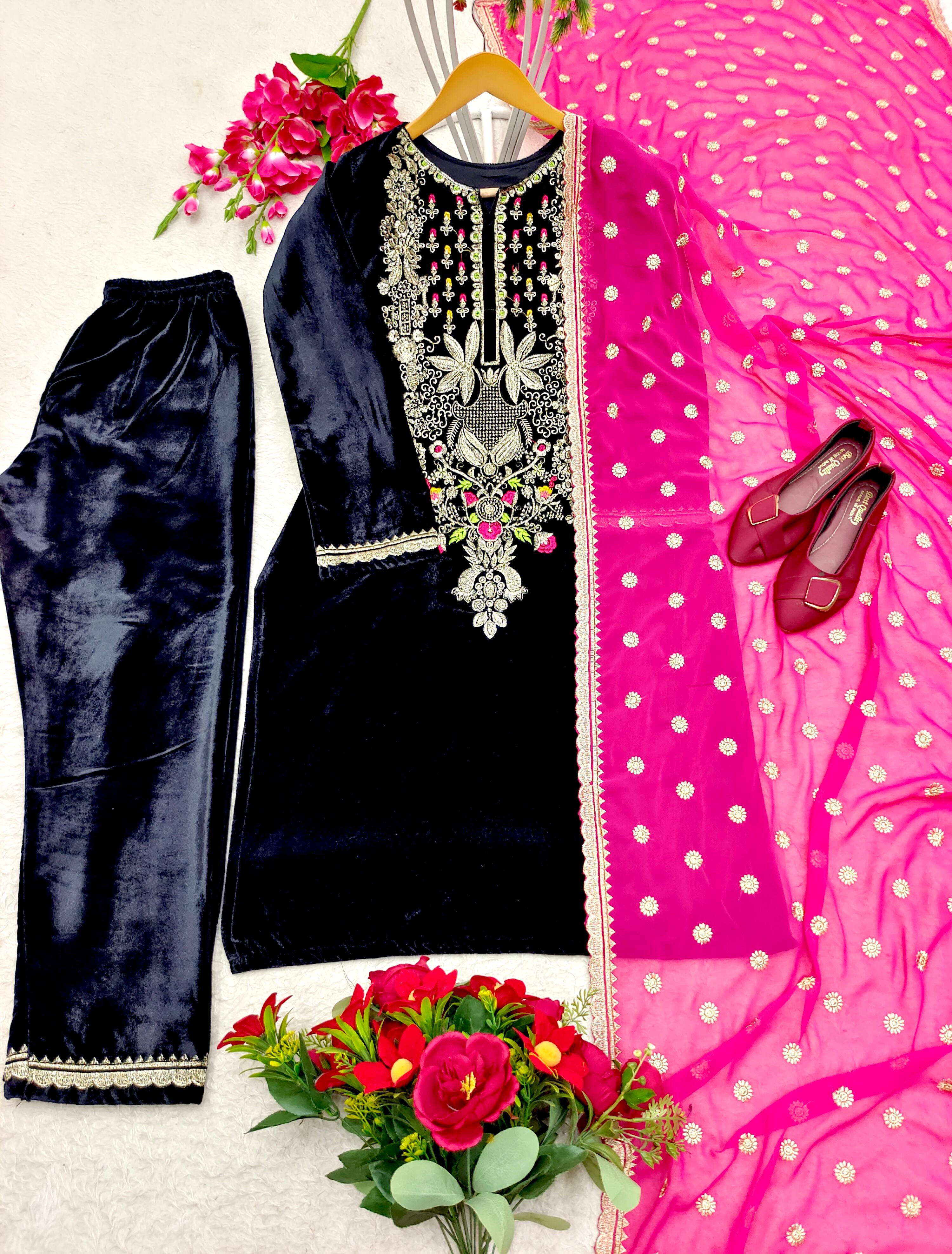 Dark Blue Color Work Salwar Suit With Pink Dupatta