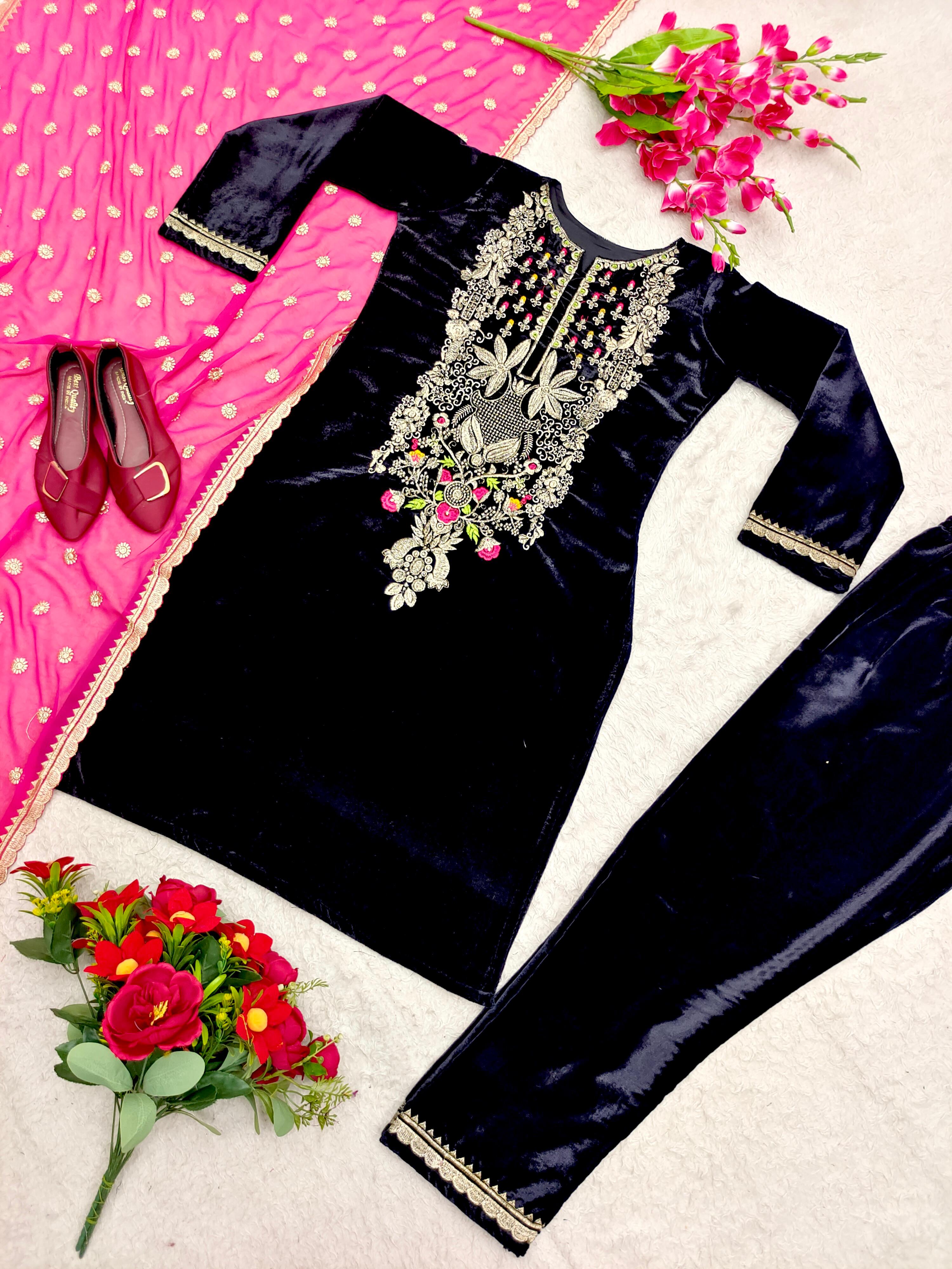 Dark Blue Color Work Salwar Suit With Pink Dupatta