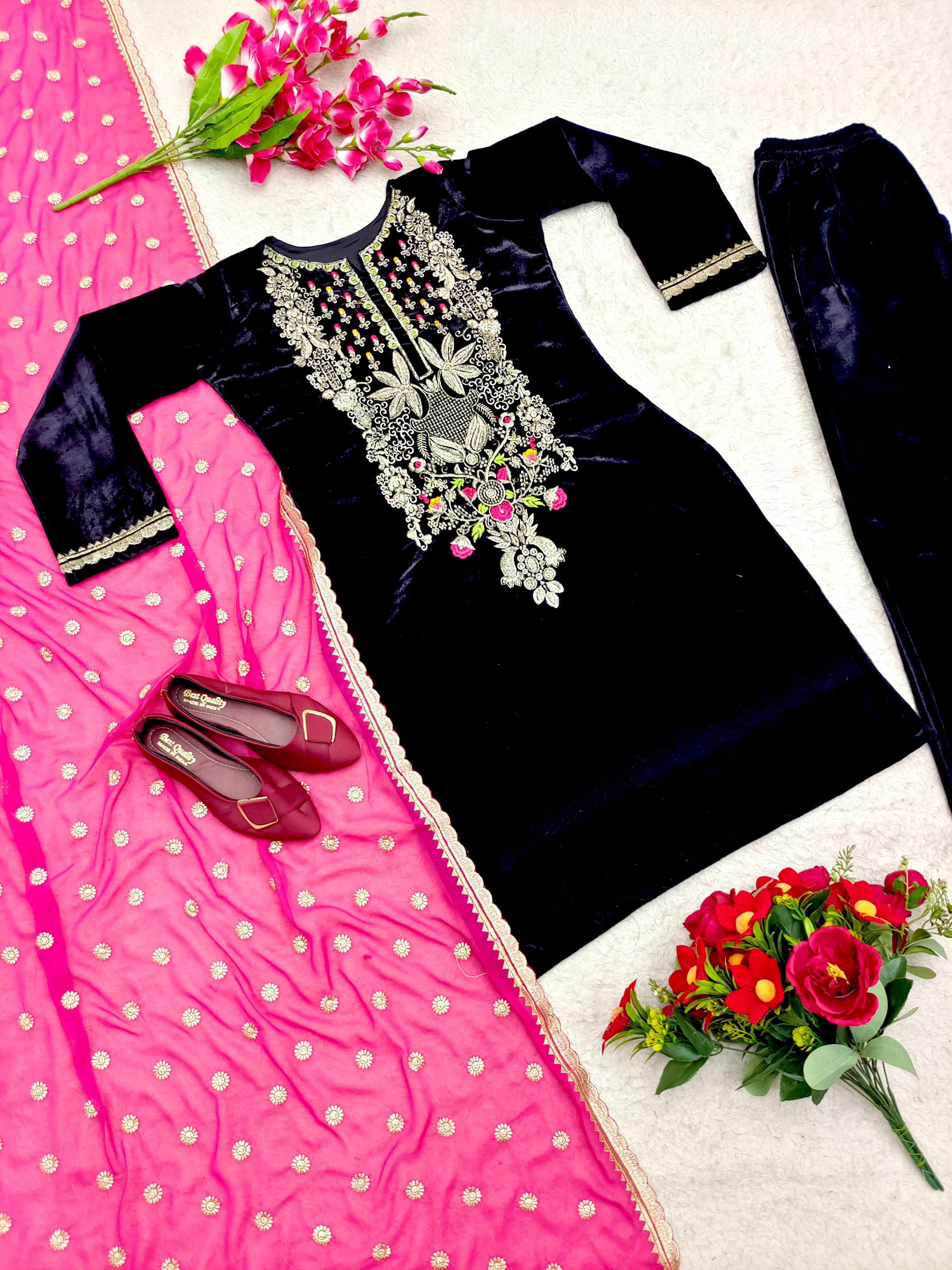 Dark Blue Color Work Salwar Suit With Pink Dupatta