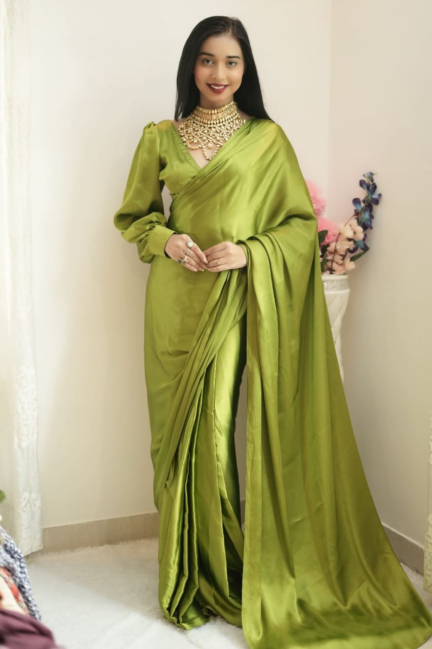 Ready To Wear Mehndi Color Plain Satin Silk Saree