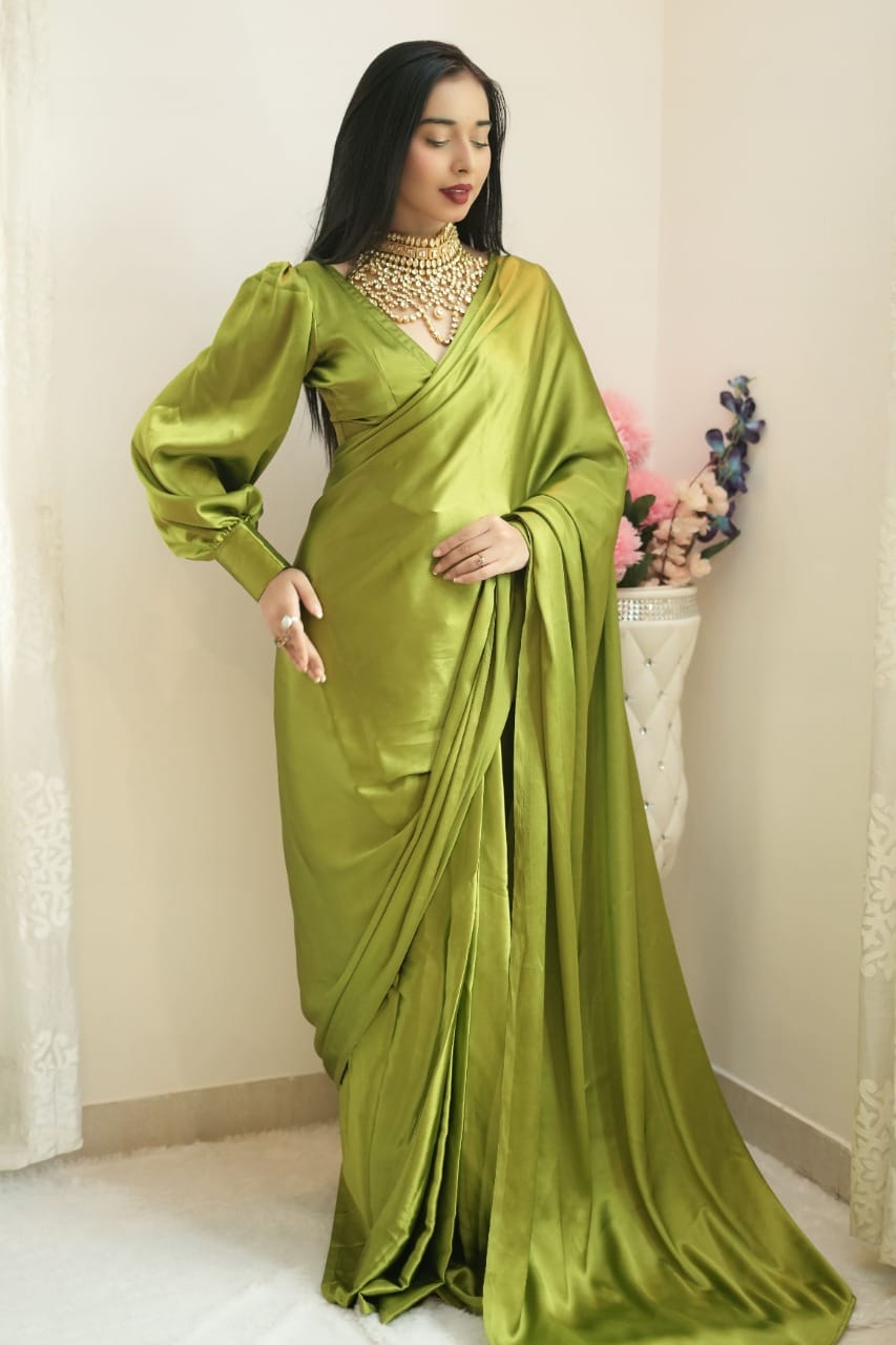 Ready To Wear Mehndi Color Plain Satin Silk Saree