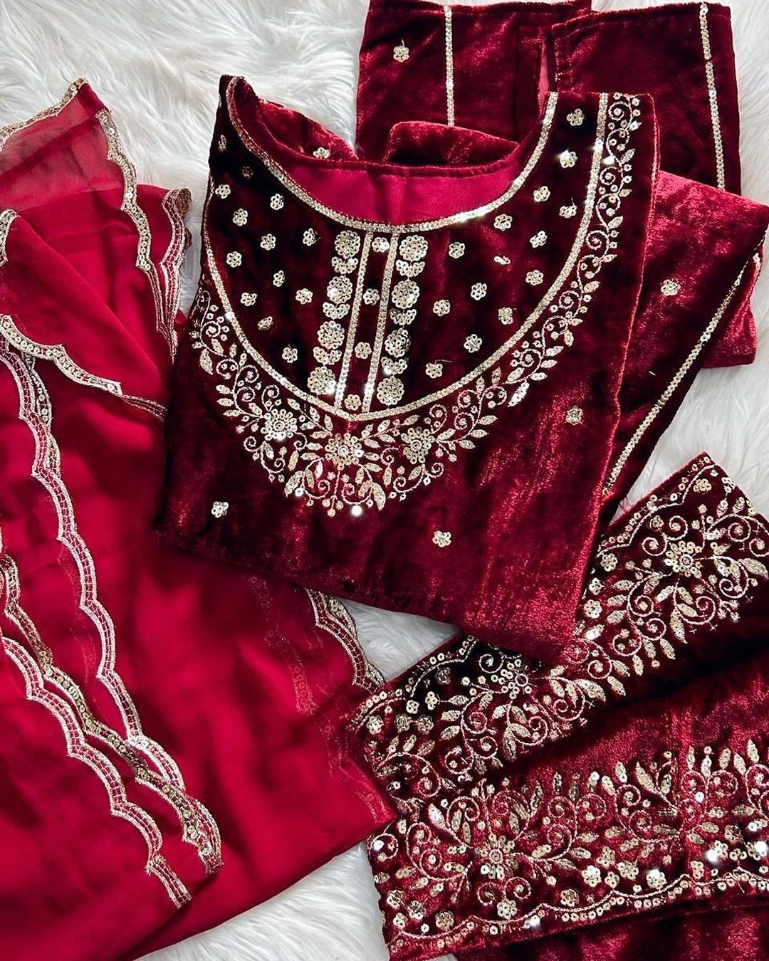 Marvelous Maroon Color Velvet Palazzo Suit