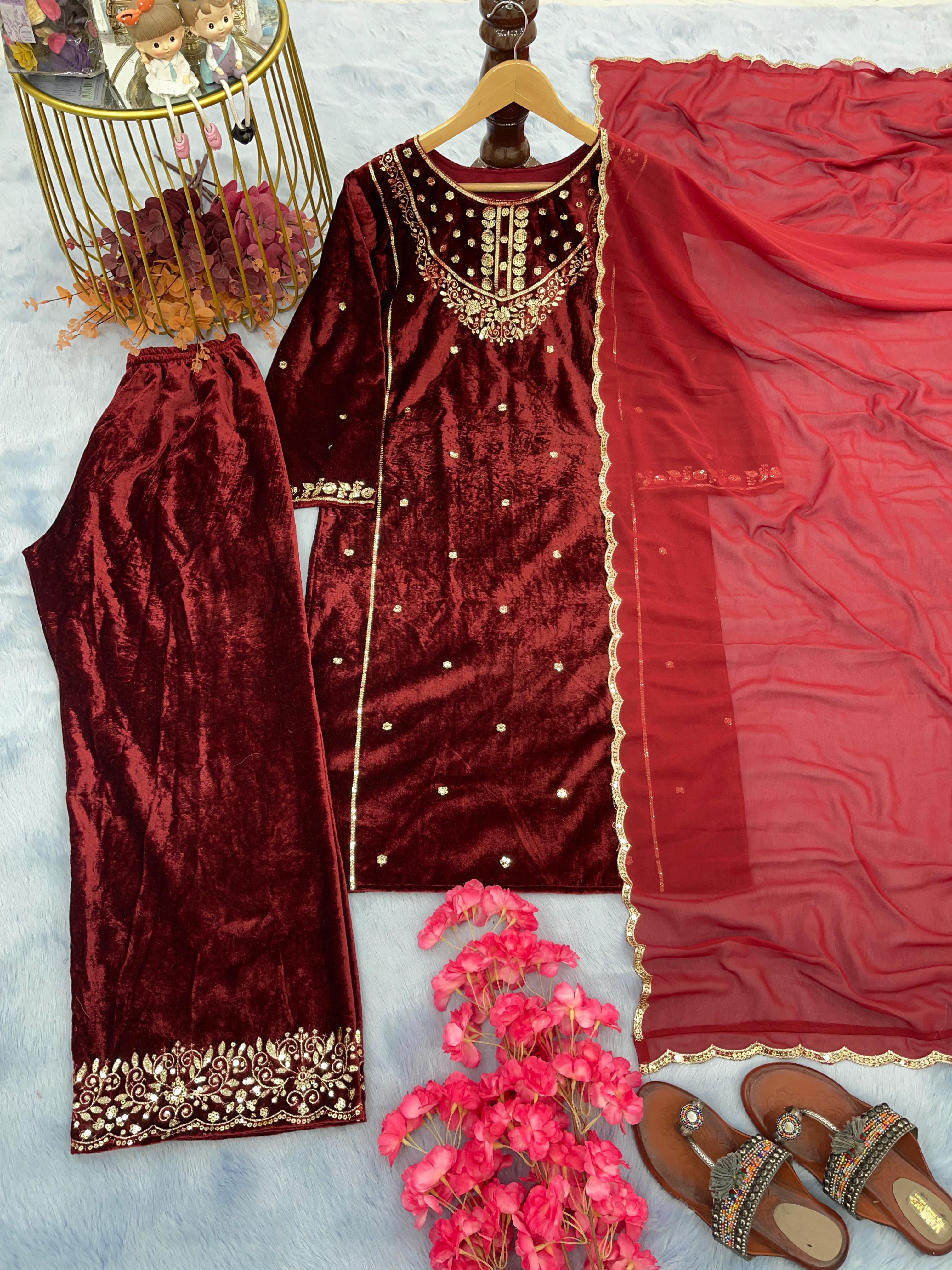 Marvelous Maroon Color Velvet Palazzo Suit