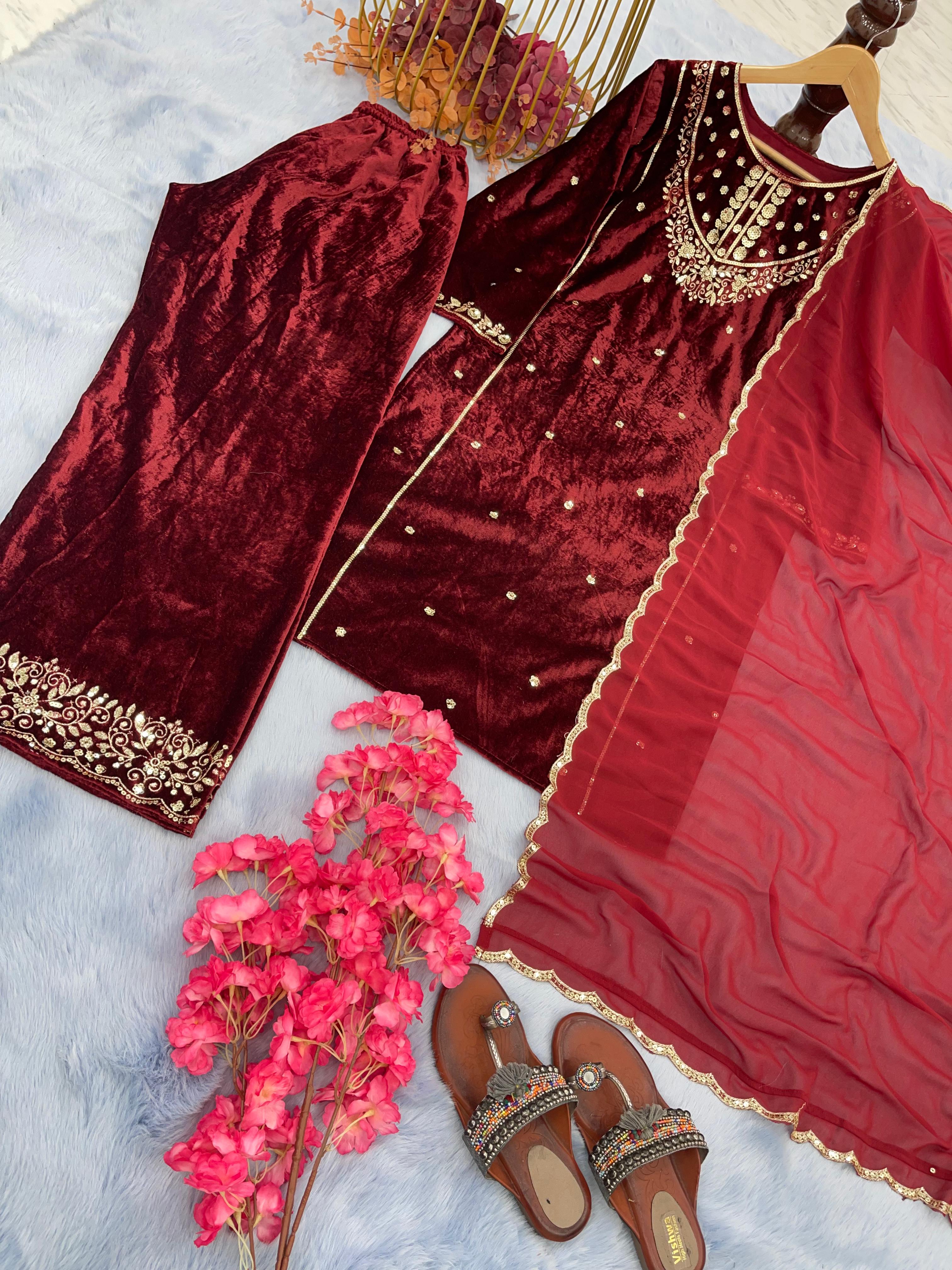 Marvelous Maroon Color Velvet Palazzo Suit