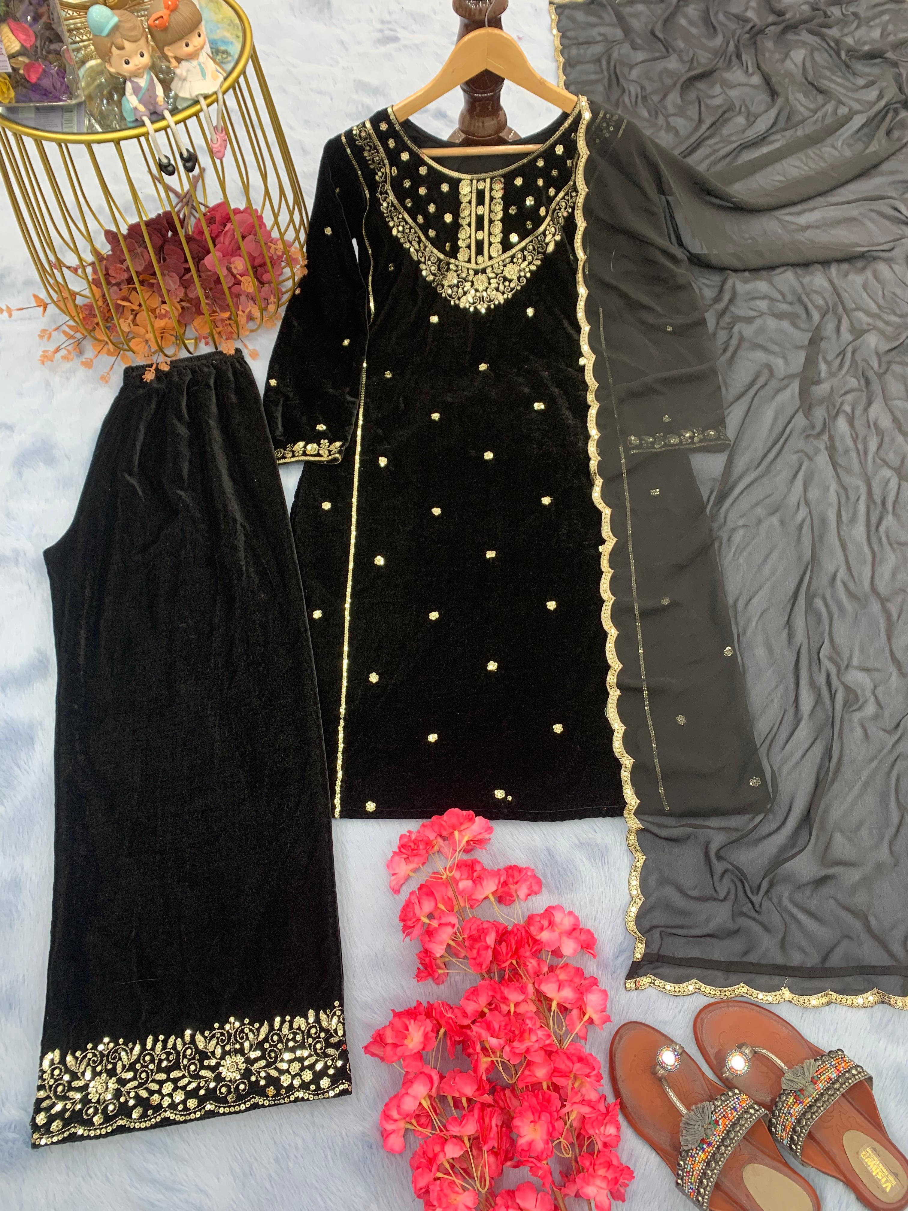 Marvelous Black Color Velvet Palazzo Suit