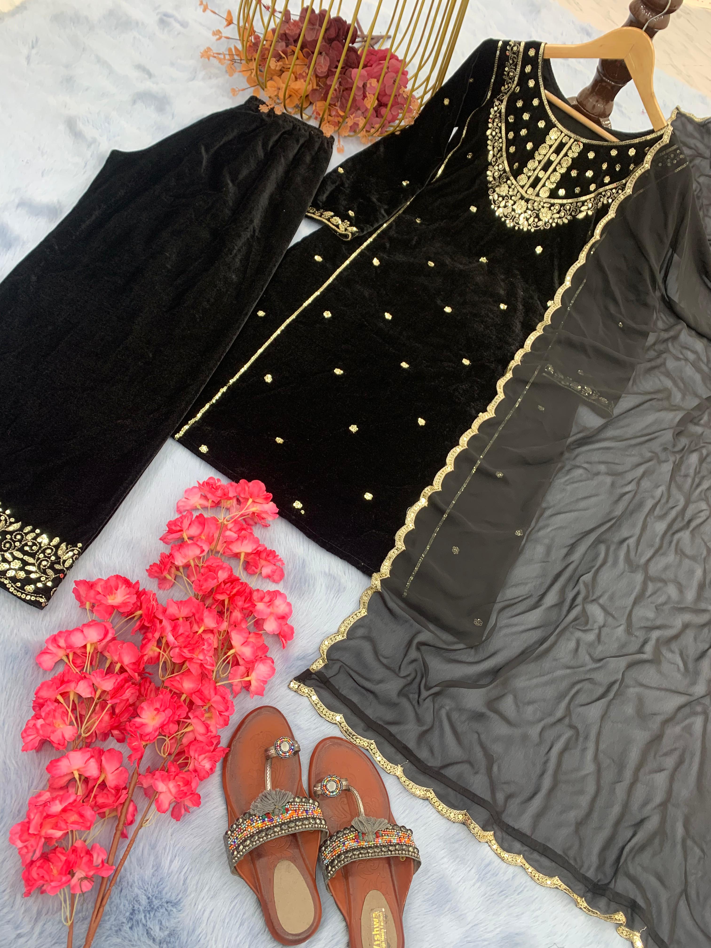 Marvelous Black Color Velvet Palazzo Suit