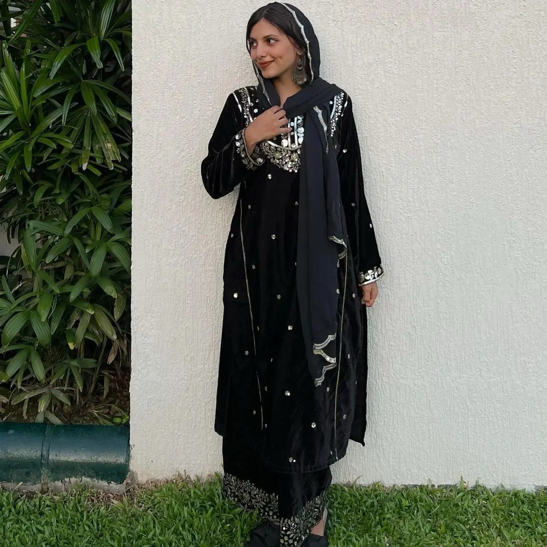 Marvelous Black Color Velvet Palazzo Suit