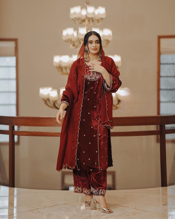 Marvelous Maroon Color Velvet Palazzo Suit