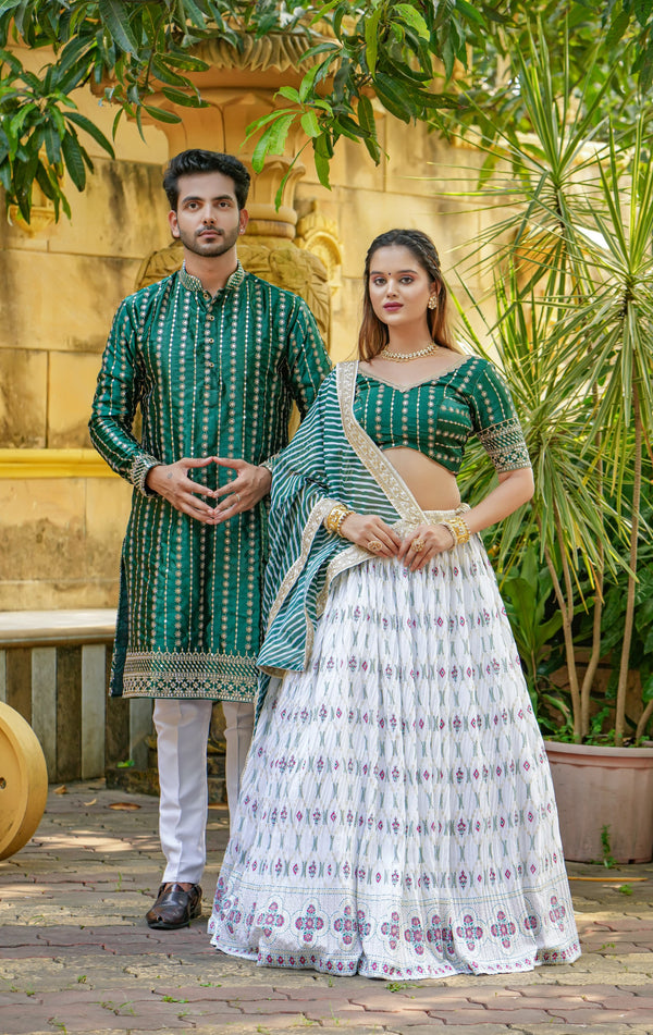 Function Wear Green and White Color Couple Combo