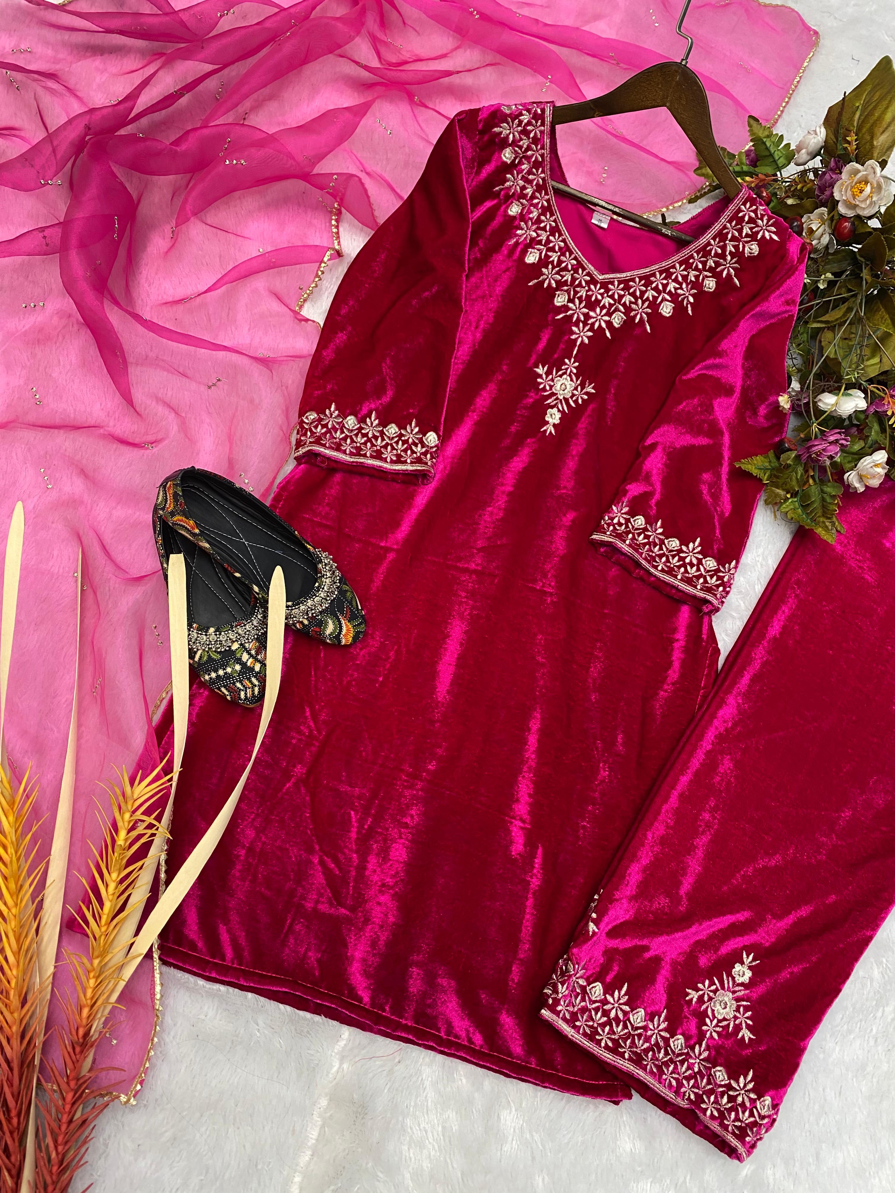 Marvelous Dark Pink Color Velvet Palazzo Suit