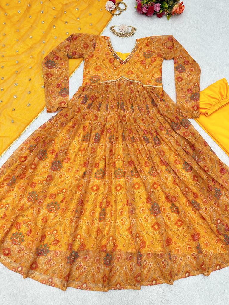 Amazing Yellow Color Hand Work Anarkali Gown