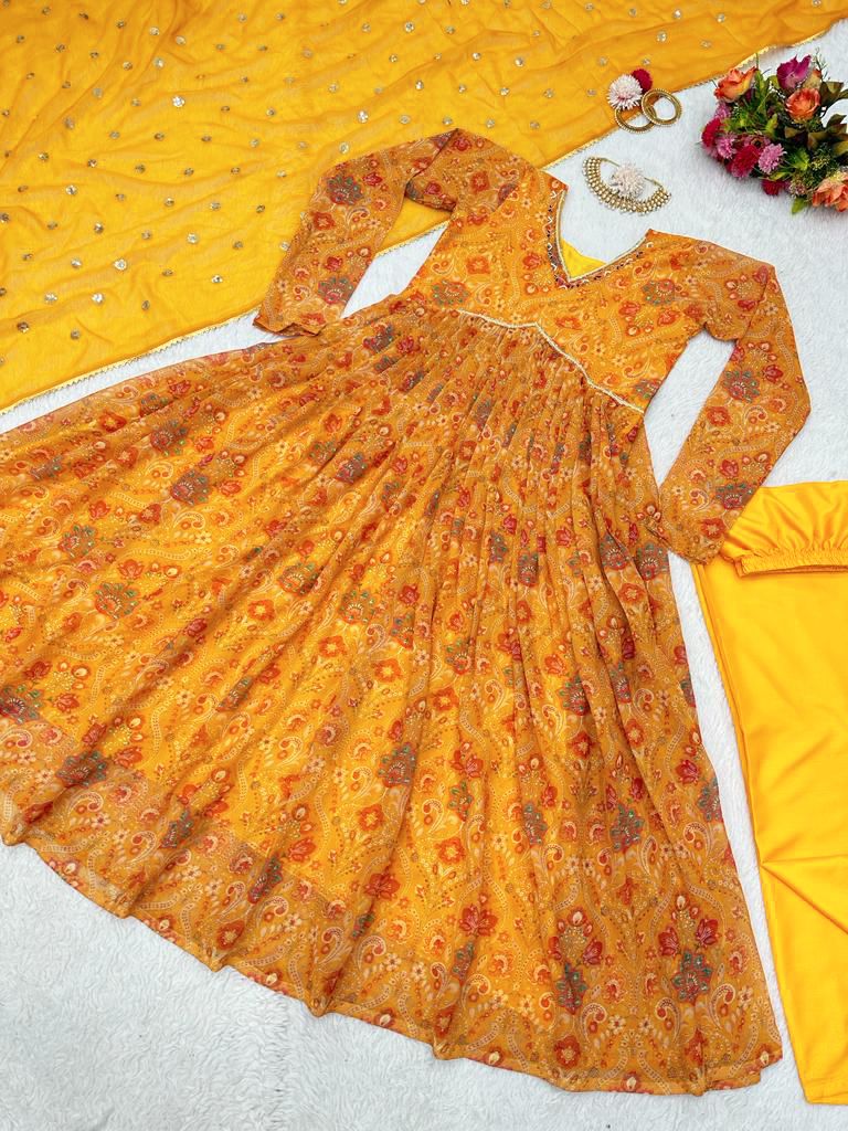 Amazing Yellow Color Hand Work Anarkali Gown