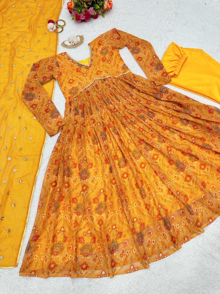 Amazing Yellow Color Hand Work Anarkali Gown