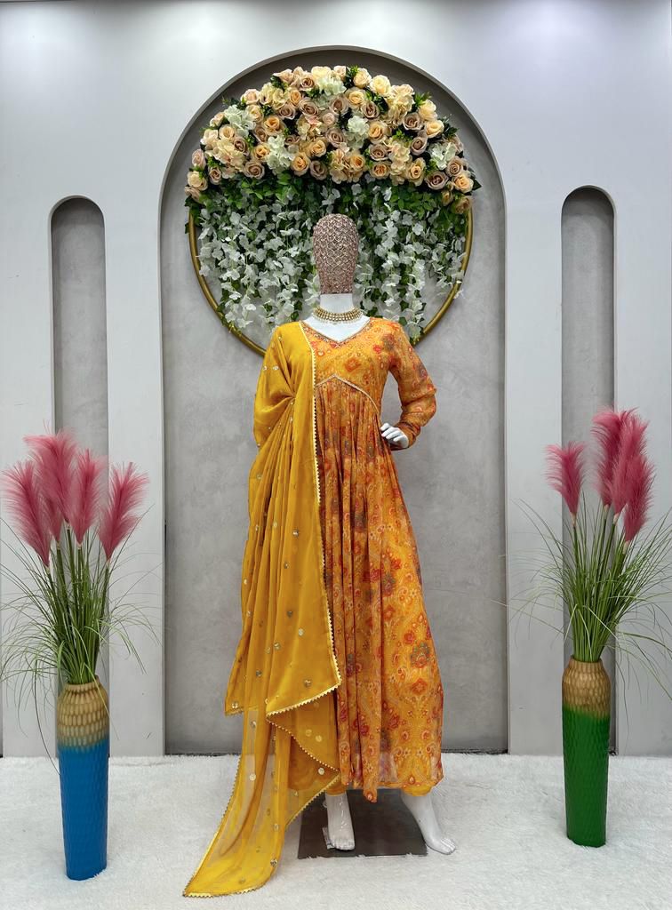 Amazing Yellow Color Hand Work Anarkali Gown