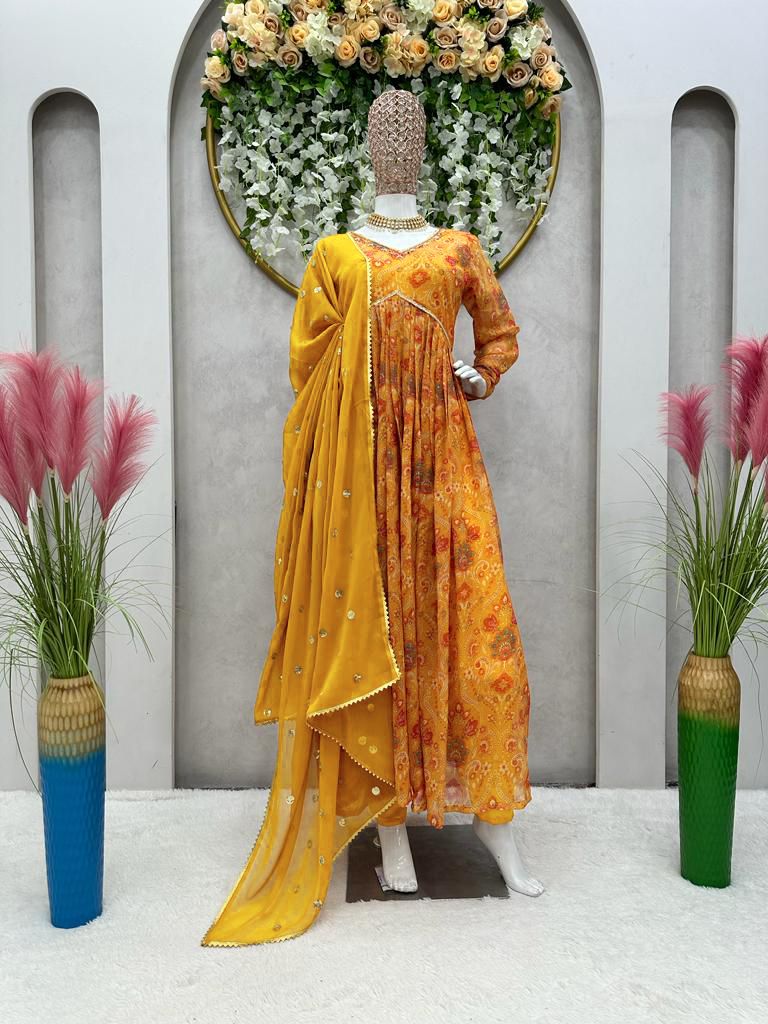 Amazing Yellow Color Hand Work Anarkali Gown