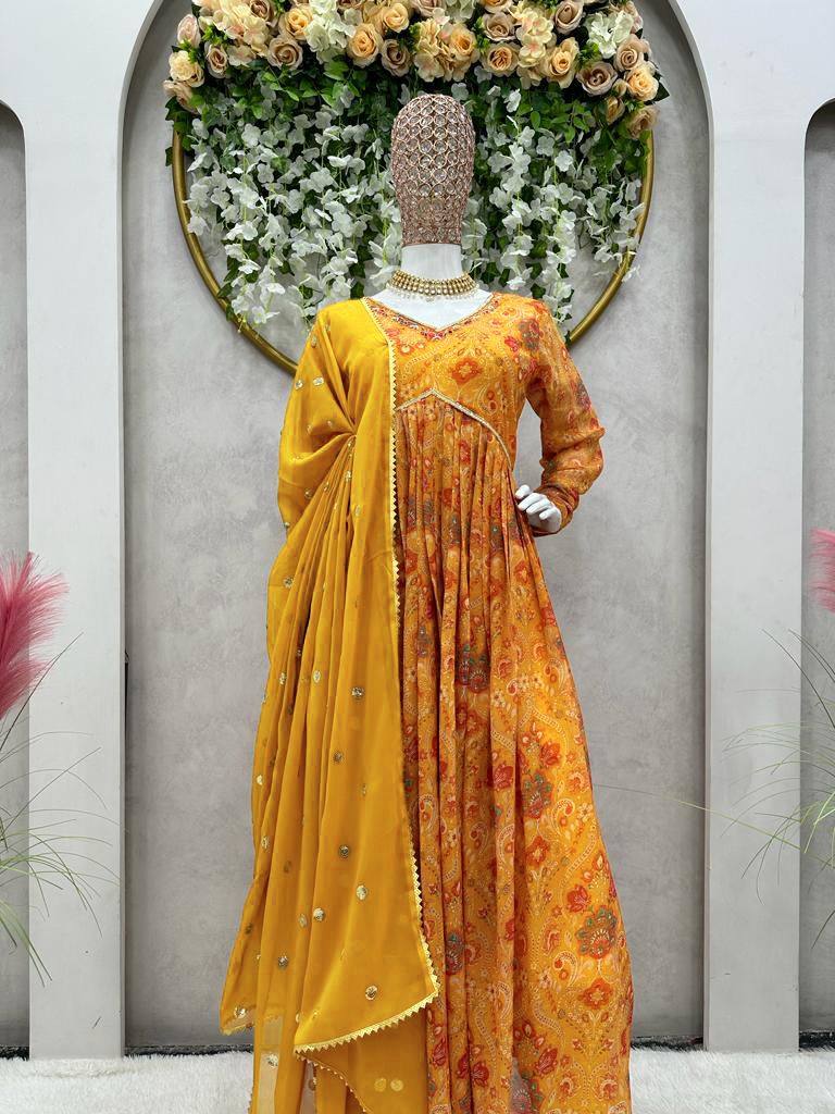 Amazing Yellow Color Hand Work Anarkali Gown