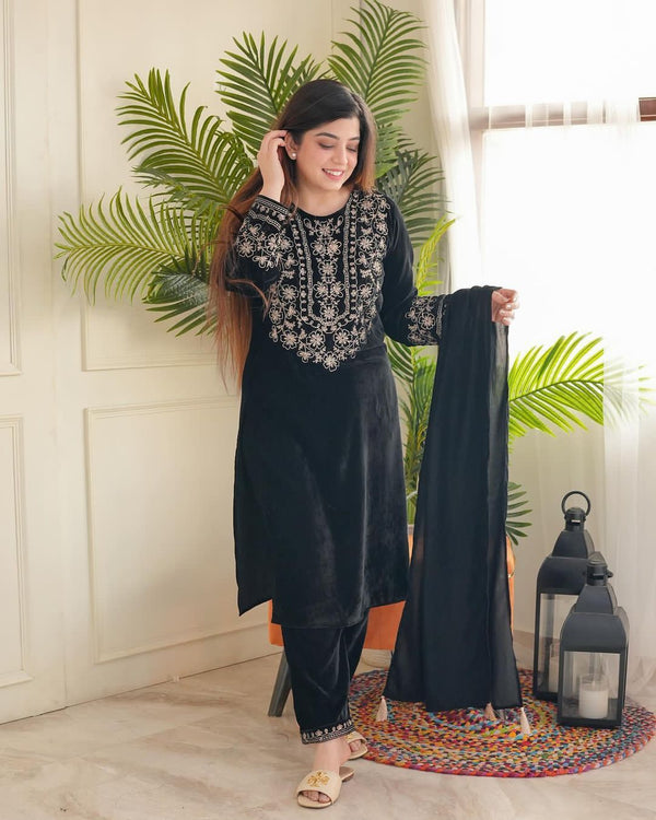 Captivating Black Color Velvet Thread Work Salwar Suit