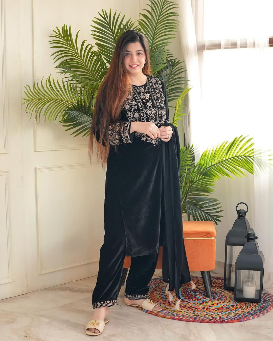 Captivating Black Color Velvet Thread Work Salwar Suit