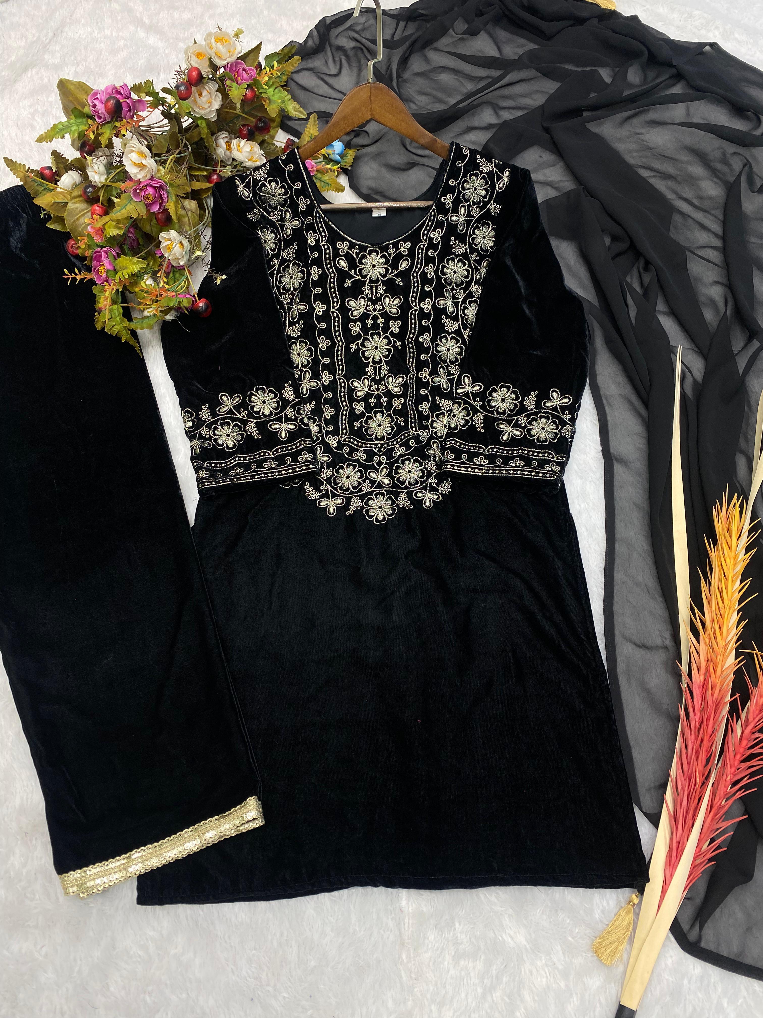 Captivating Black Color Velvet Thread Work Salwar Suit