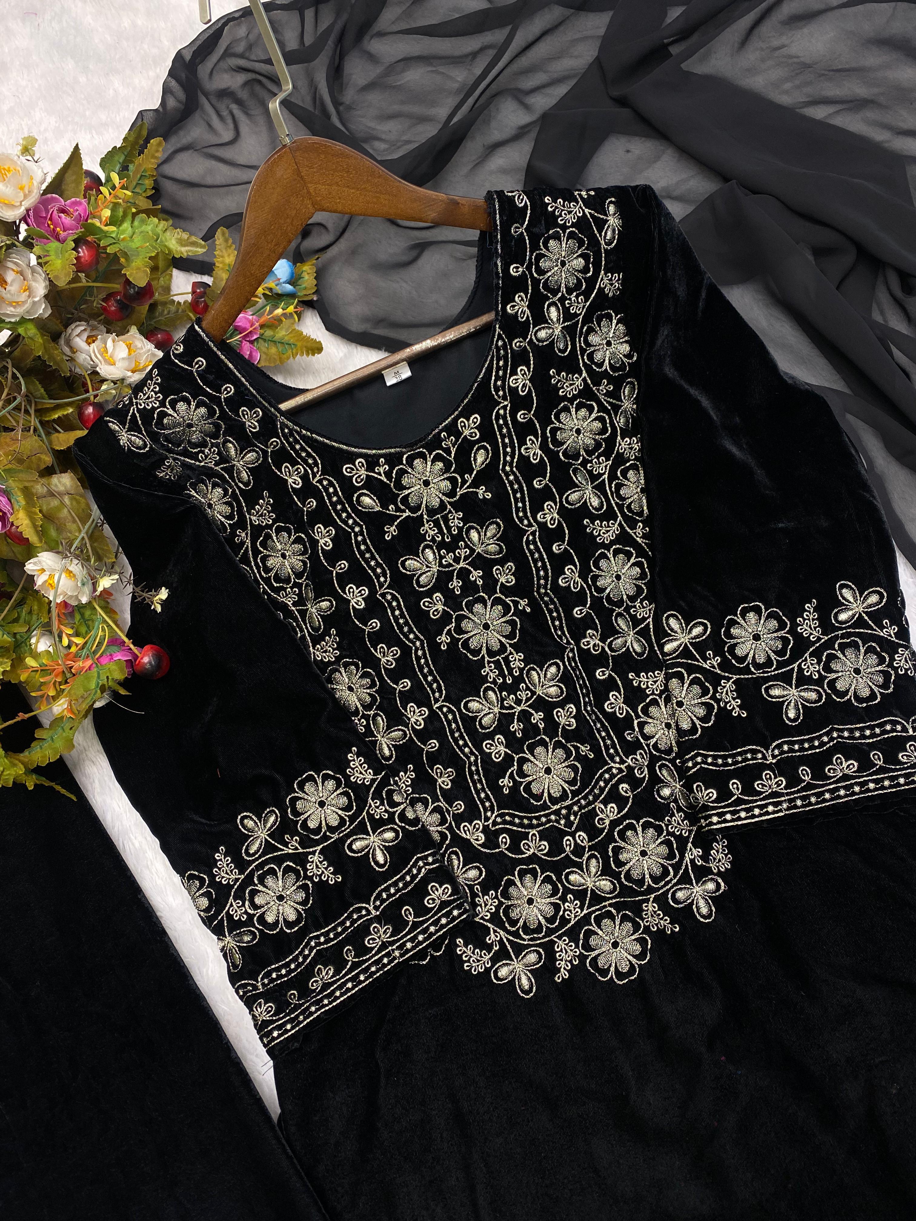 Captivating Black Color Velvet Thread Work Salwar Suit